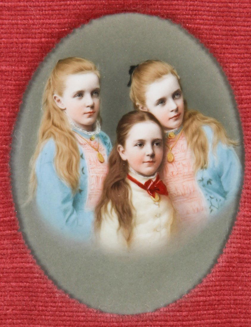 The Three Sisters, KPM Plaque: The Three Sisters, KPM Plaque, a unique commissioned portrait with full incised marks. Size: 4.5" x 3.25" (sight); 10.5" x 8.5" (frame).