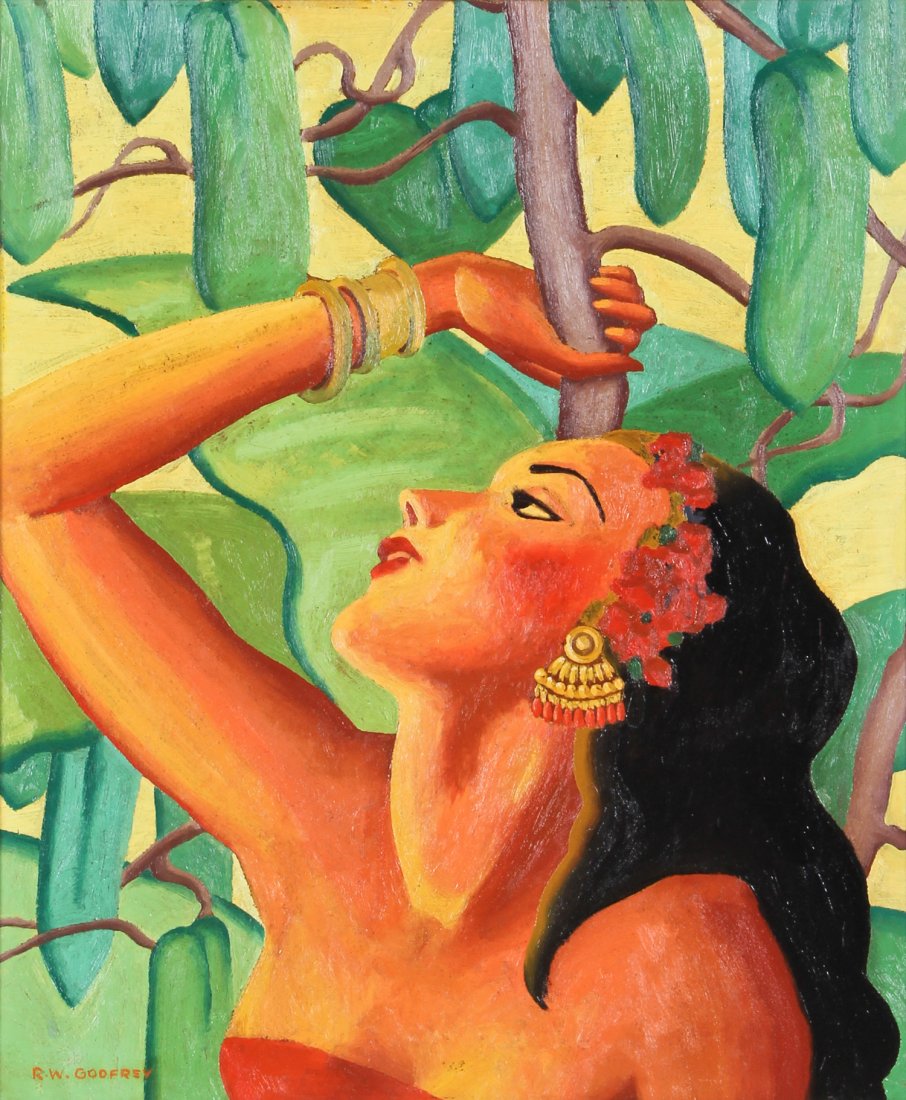 Godfrey, Native Girl in Tropical Setting, Oil Painting: Robert W. Godfrey (American, 20th c.) Native Girl in Tropical Setting, Oil on Canvas, signed "RW Godfrey". Size: 24" x 20" (board); 31.25" x 27.25" (frame).