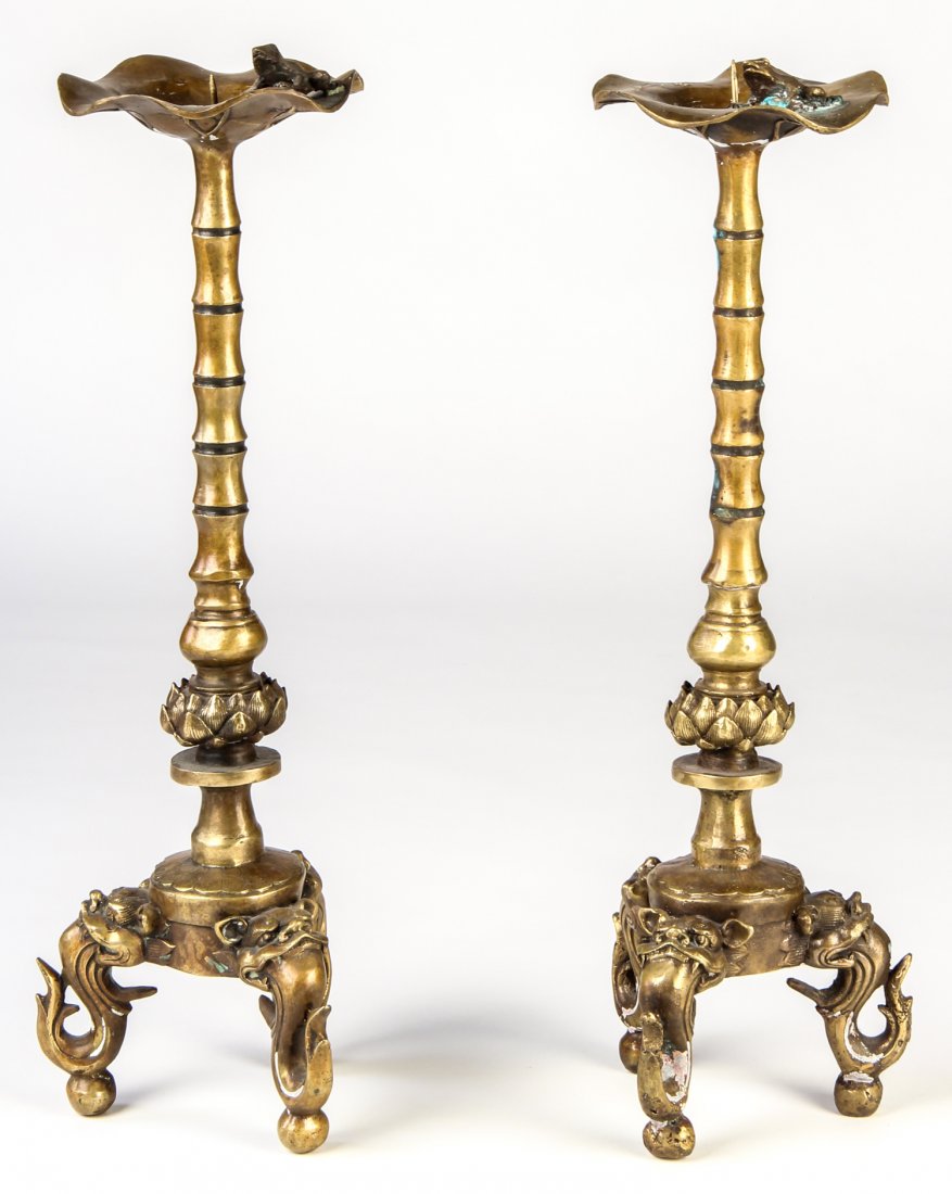 Fine Pair of Japanese Style Brass Candlesticks: Fine Pair of Japanese Style Brass Candlesticks. Size: 18.5" x 5.5" x 5".