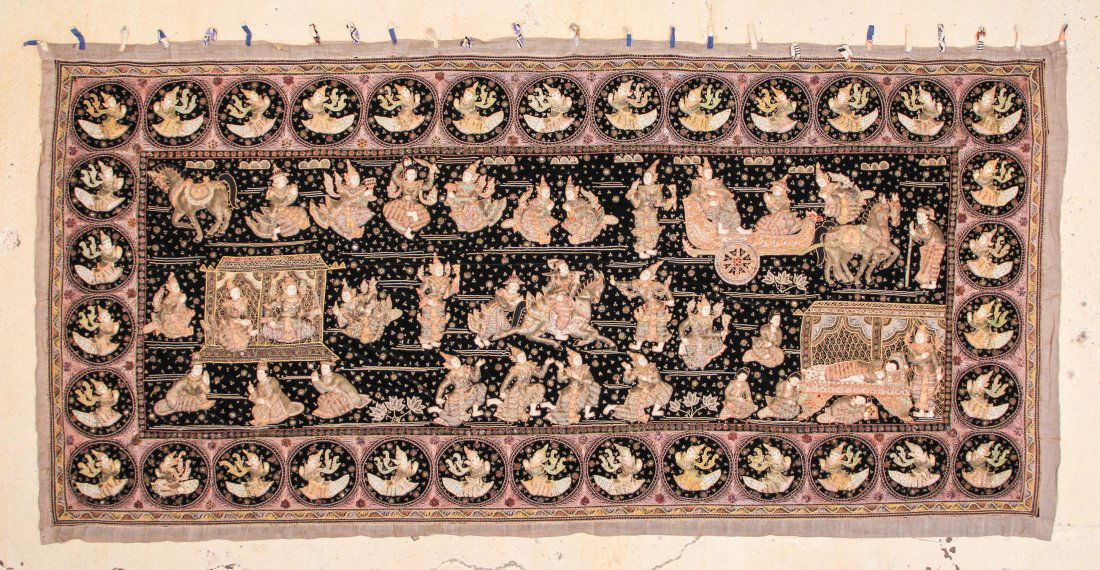 Exquisite Thai Embroidered Banner/Panel: 123" x 62": Thai Embroidered Banner/Panel, early 20th c. Metallic gold threads, and embellished with cabachon shaped beads; sections in high relief. Depicting various mythological scenes. Size: 123" x 62". Proven