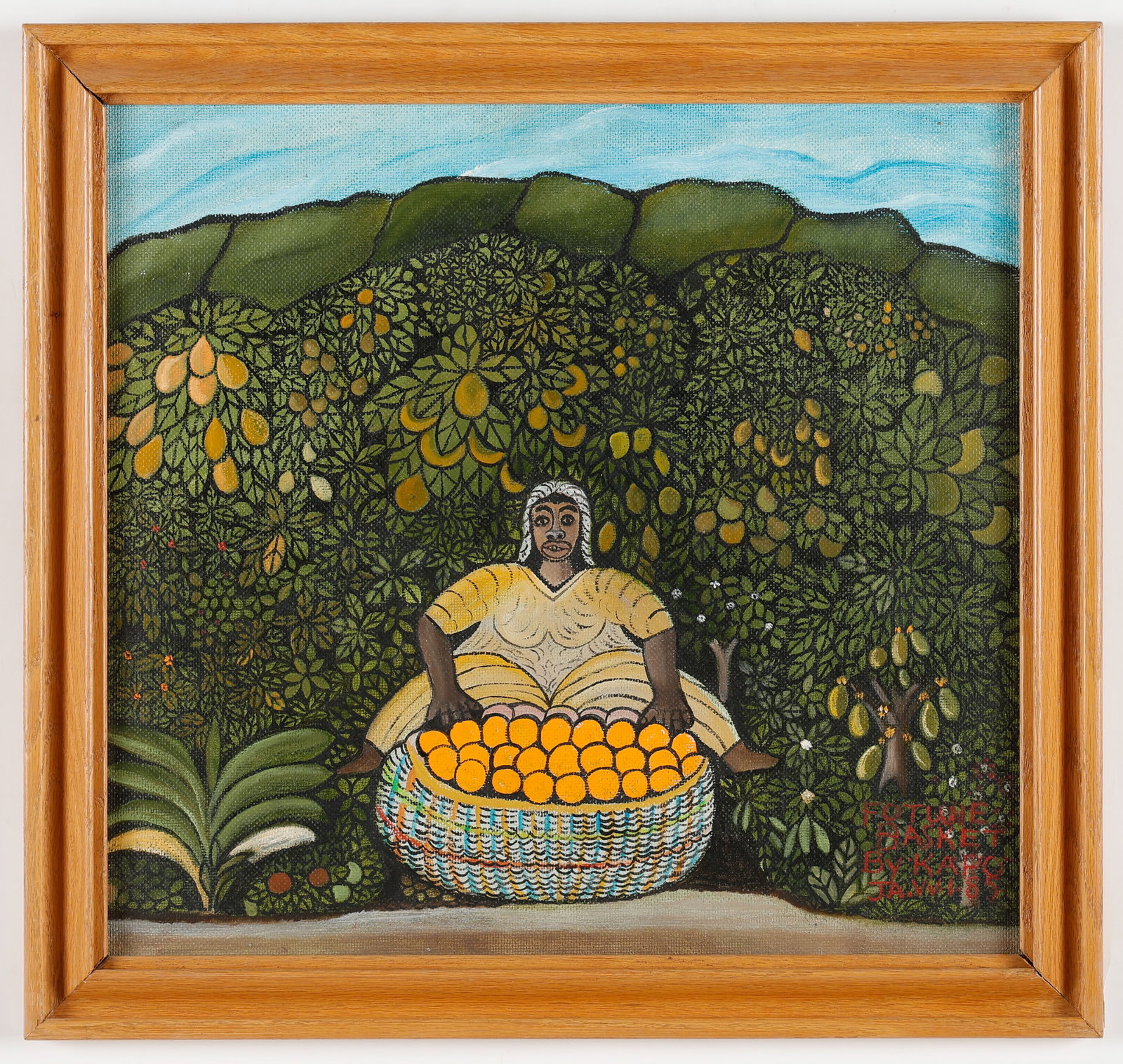Mallica "Kapo" Reynolds (Jamaican/Jamaica) Fotune Basket, Dated 1985: Mallica 'Kapo' Reynolds (Jamaican, 1911-1989) Fotune Basket, dated 1985, oil on masonite board. Framed. Size: 17.5'' x 19'', 44 x 48 cm (board); 20.5'' x 21.75'', 52 x 55 cm (frame). Provenance: Forme