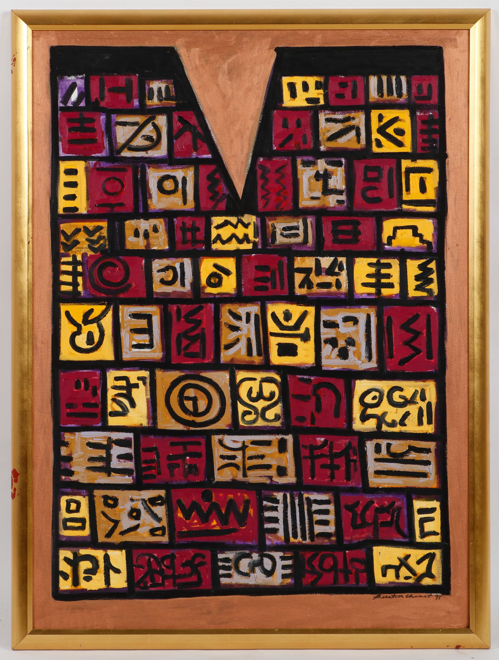 Burton Chenet (Haitian/Haiti) Hieroglyphics, Dated 1997: Burton Chenet (Haitian, 1958-2012) Hieroglyphics, dated 1997, acrylic on canvas. Framed. Size: 44'' x 32'', 112 x 81 cm (stretcher); 46.25'' x 34.75'', 117 x 88 cm (frame). Provenance: The Artist, Pan