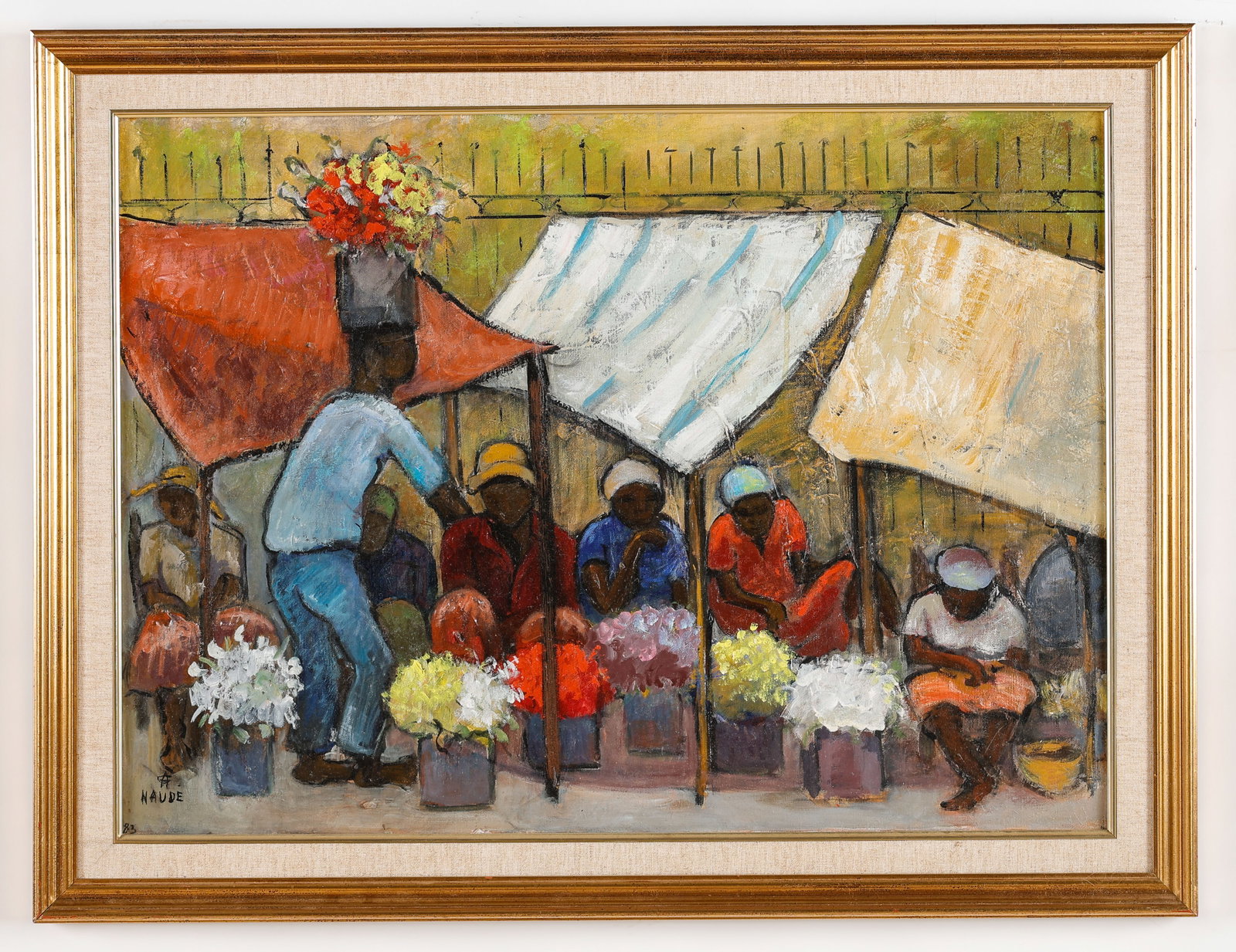 Andree Naude (French/Haitian) Flower Vendors, Dated 1983: Andree Naude (French/Haitian, 20th C.) Flower Vendors, dated 1983, oil on canvas. Framed. Size: 22'' x 30'', 56 x 76 cm (stretcher); 26.75'' x 34.75'', 68 x 88 cm (frame). Provenance: Private Connecti