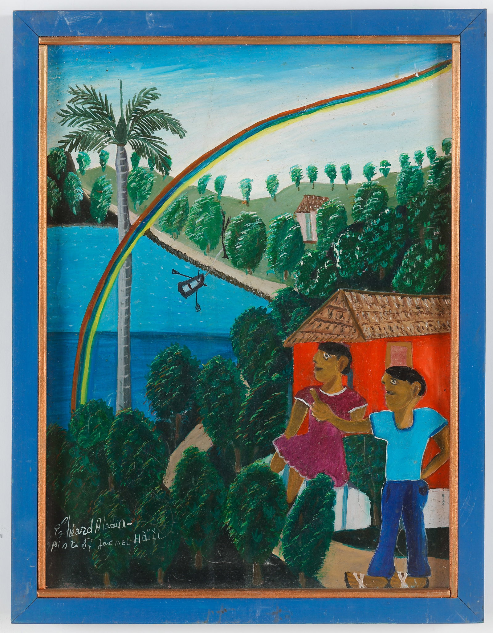 Theard Aladin (Haitian/Haiti) Under A Rainbow, Dated 1987: Theard Aladin (Haitian, 1925-1993) Under a Rainbow, dated 1987, oil on canvas. Framed. Size: 16'' x 12'', 41 x 30 cm (stretcher); 17.5'' x 13.5'', 44 x 34 cm (frame). Provenance: Galerie Macondo.