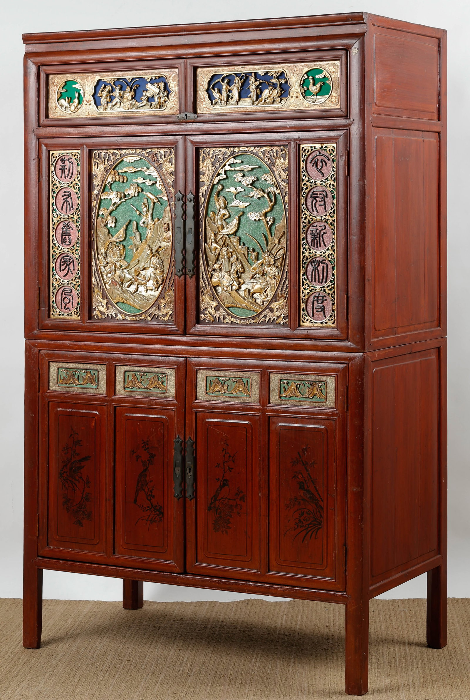 Chinese Carved And Polychrome Decorated 2-Part Wedding Cabinet (1 of 6)