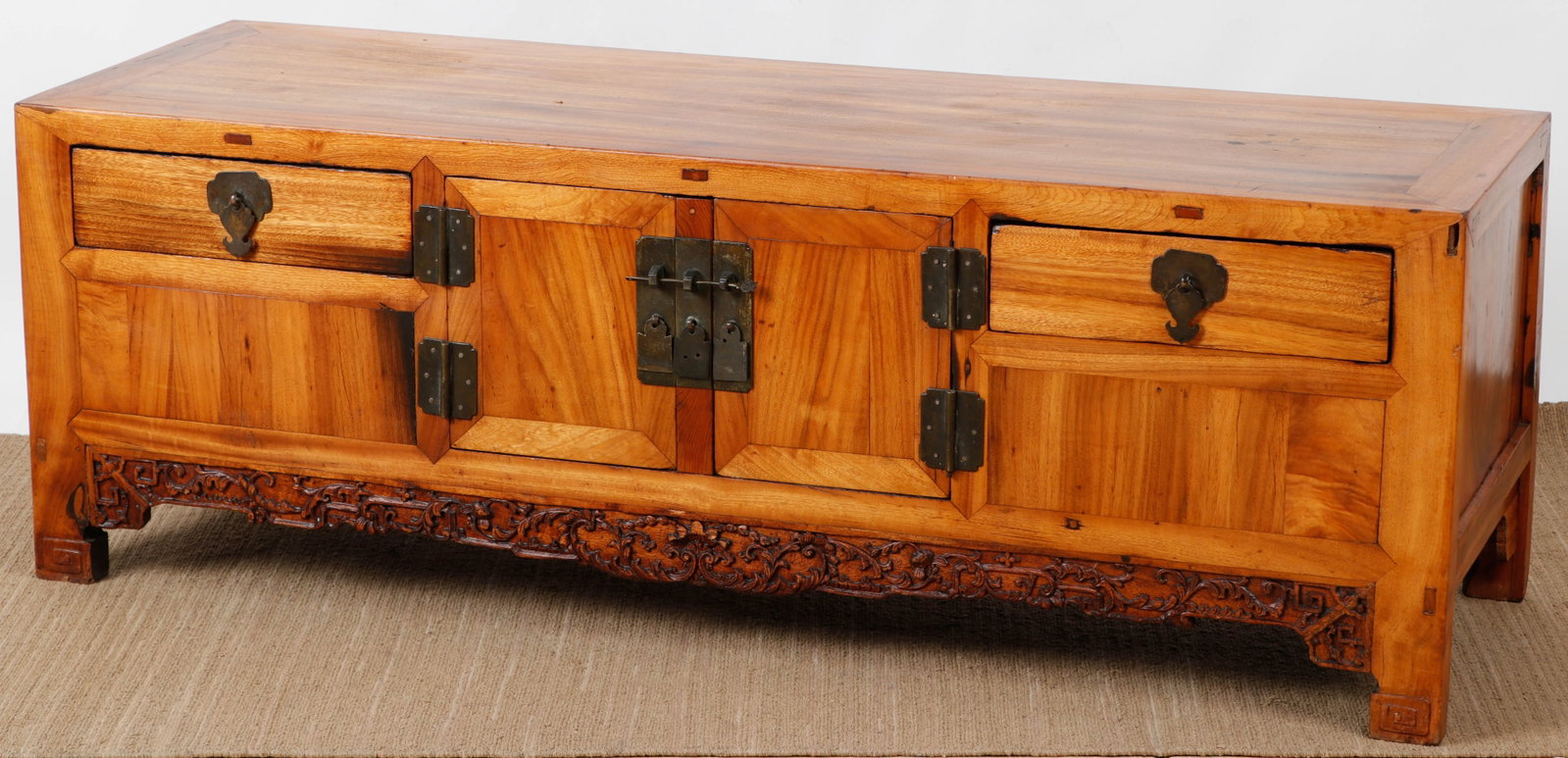 Chinese Hardwood Low Kang Chest: Chinese Hardwood Low Kang Chest. Size: 20'' x 60'' x 20'' (51 x 152 x 51 cm). After making payment, all furniture buyers must collect and remove their purchases from Material Culture's facility within