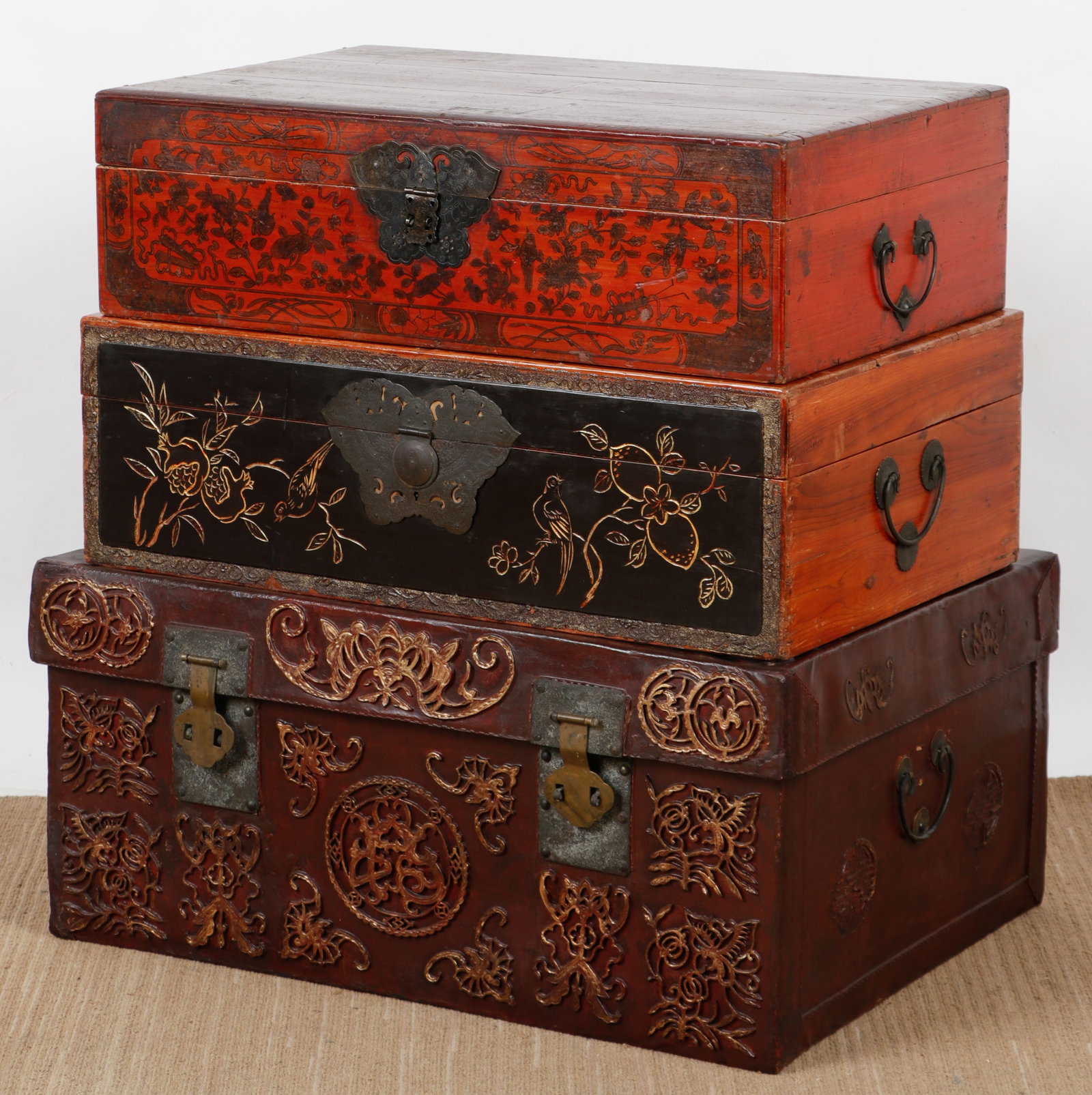 3 Chinese Lacquered Wood and Leather Storage Boxes (1 of 4)