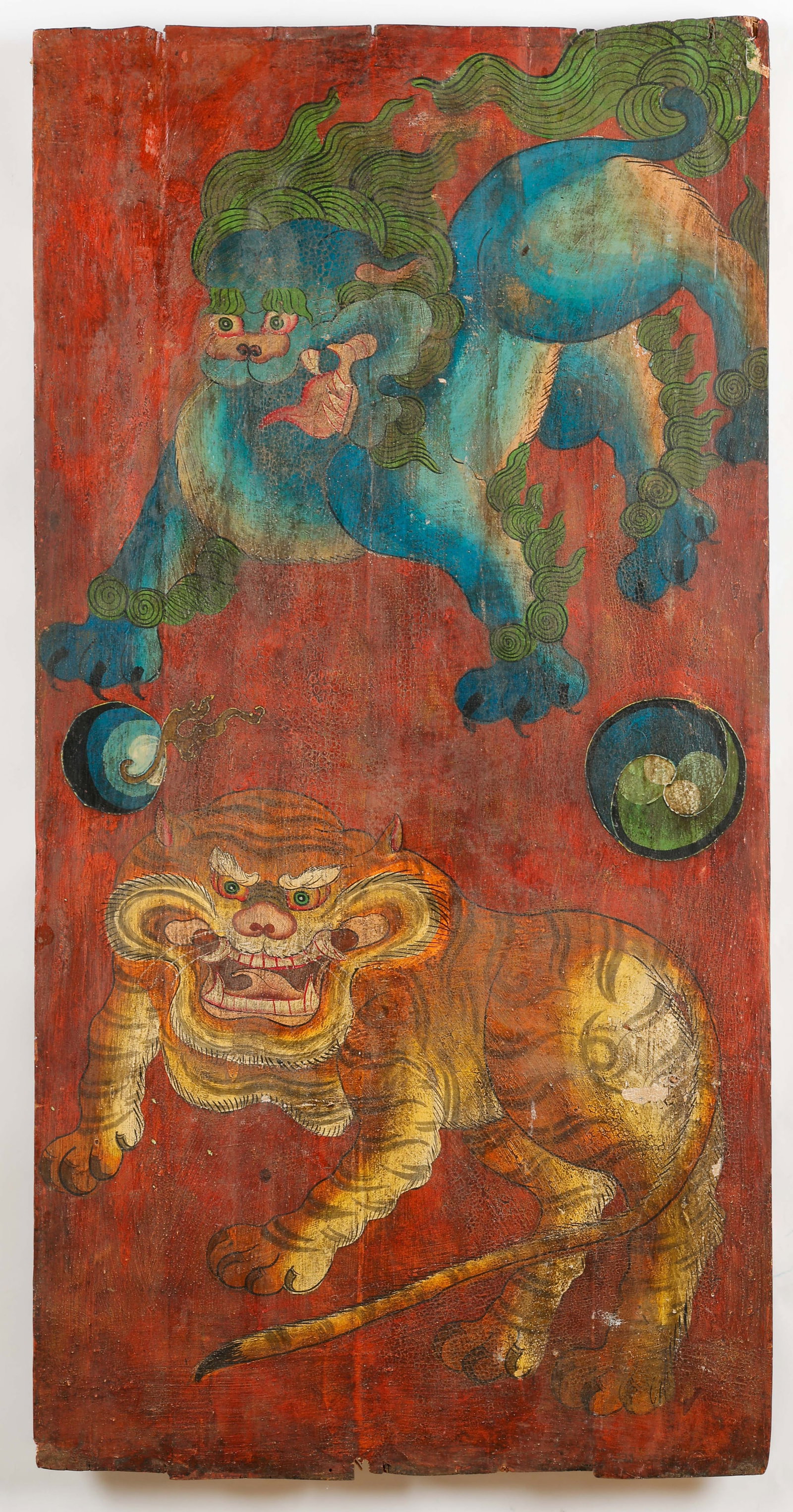 Tibetan Paint-Decorated Wood Door Panel With Qilin And Tiger, 62" x 31" (1 of 2)