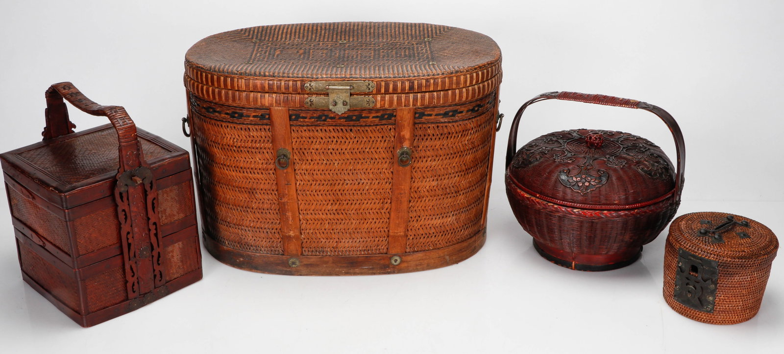 4 Antique Chinese Bamboo And Rattan Wedding And Lunch Baskets (1 of 6)
