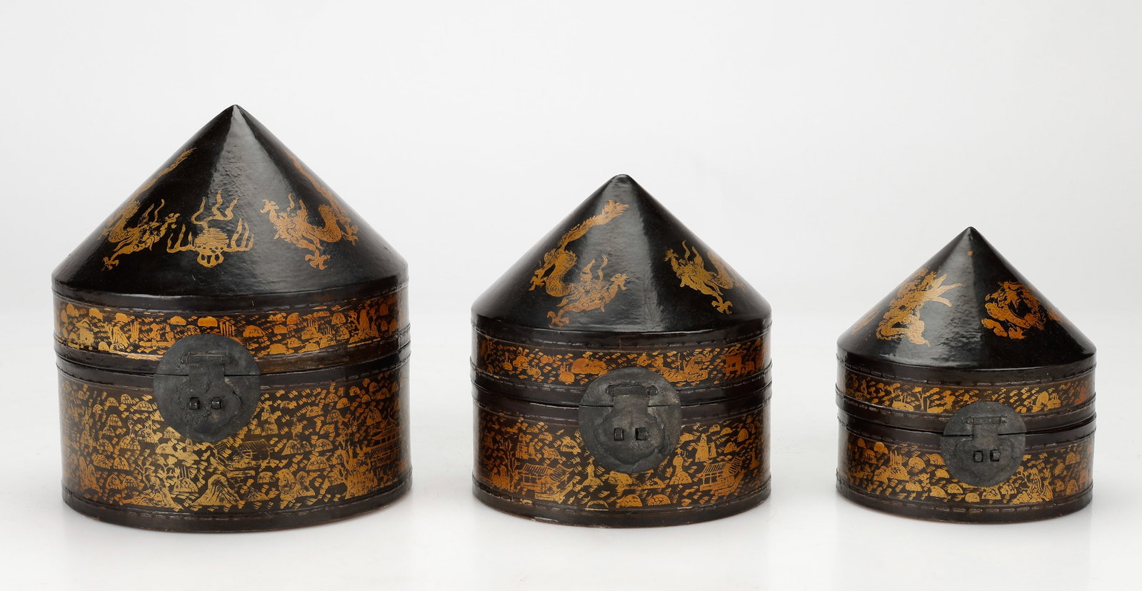 3 Chinese Graduated Lacquered Hat Boxes: 3 Chinese Graduated Lacquered Hat Boxes. Heights From: 7" (18 cm); To: 10.5" (27 cm).