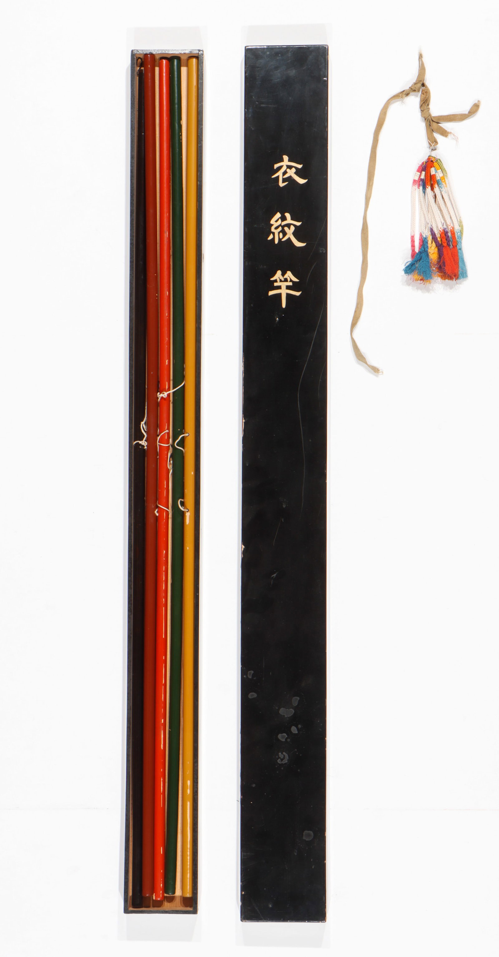 Box Set of 5 Japanese Lacquered Kimono Display Rods: Box Set of 5 Japanese Lacquered Kimono Display Rods. Size: 55'' x 5.25'' x 2.5'' (140 x 13 x 6 cm) (box). Provenance: Property from the Jim and Kit Horne Collection.