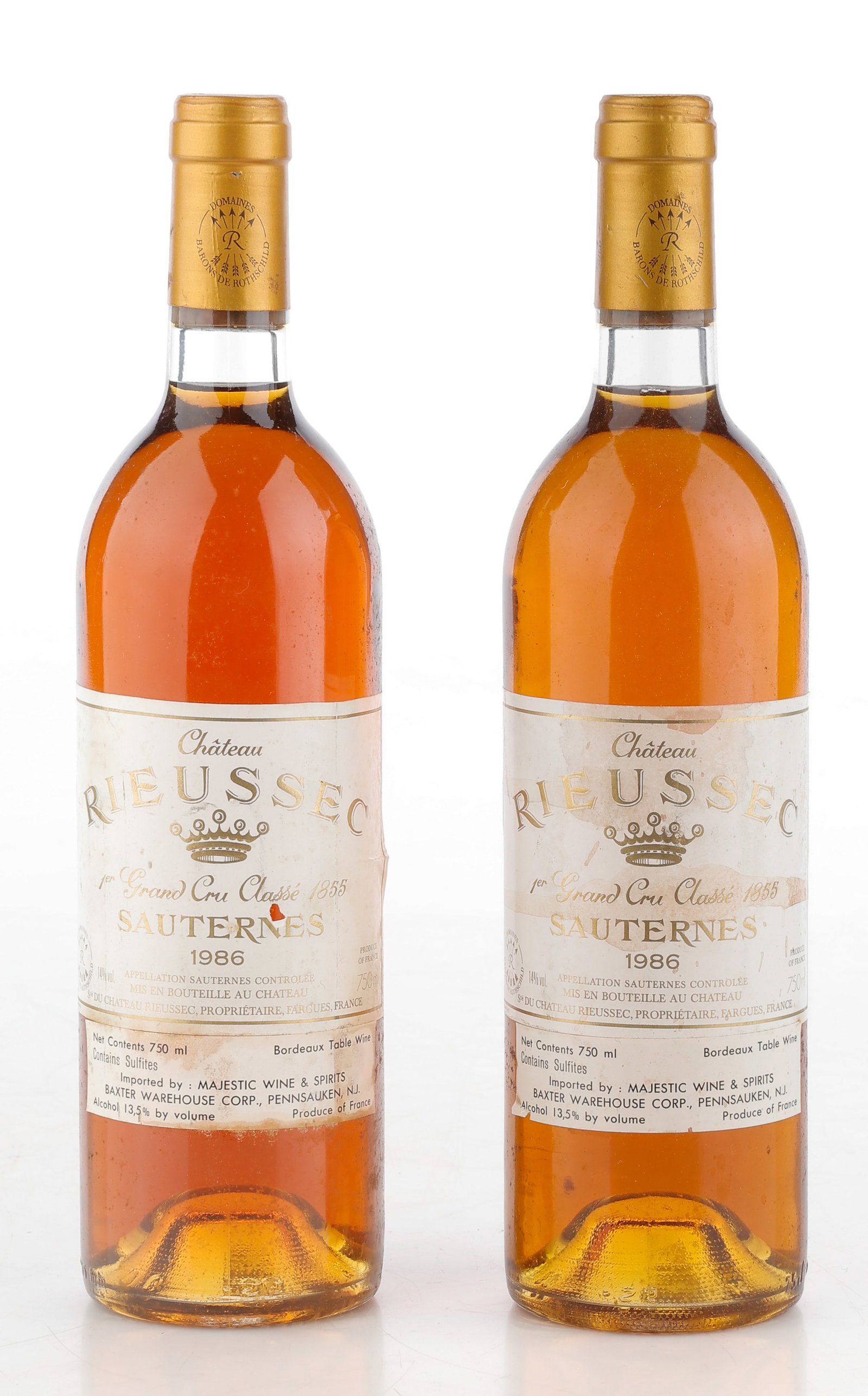 2 Bottles Of Chateau Rieussec Sauternes, 1986, Amber-Colored Dessert Wine, Bordeaux (1 of 2)