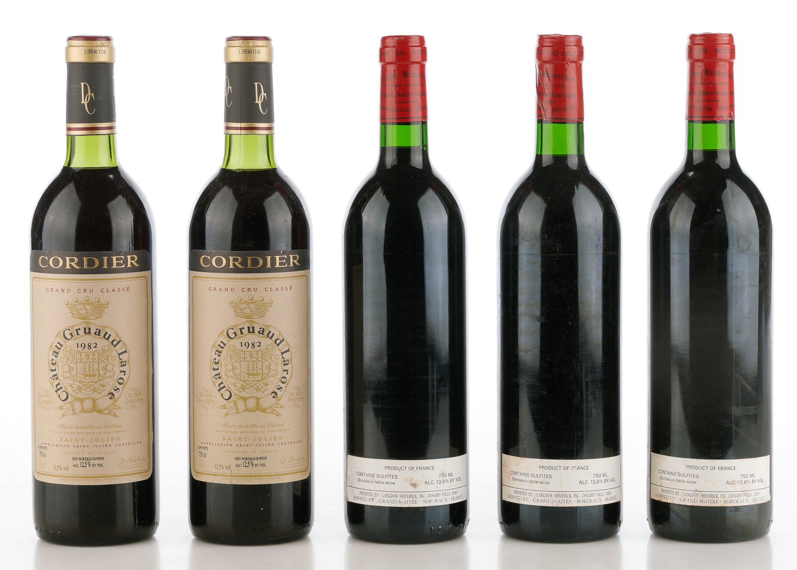 French Oenophile's Lot Of 5 Bottles of Bordeaux Wine: 5 Bottles of French Bordeaux Wine . Including 2 Bottles Of Chateau Gruaud-Larose, Cordier, 1982, French Bordeaux Wine from Saint-Julien , 750 ml. Together with 3 Bottles of Chateau Beausejour, Saint- 