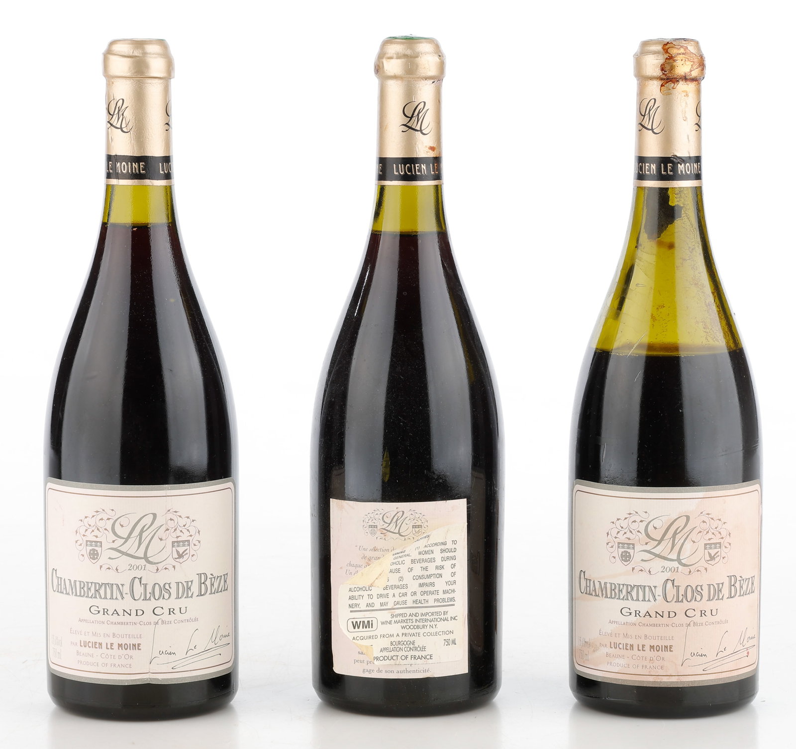 3 Bottles of Lucien le Moine Charmes Chambertin, (2)2001, (1) Unknown Year: 3 Bottles of Lucien le Moine Charmes Chambertin, (2)2001, (1) Unknown Year, French red Burgundy Pinot Noir wine, one with seepage/ullage. 750 ml. From the Estate of Thomas A. Moore, Philadelphia, PA. 