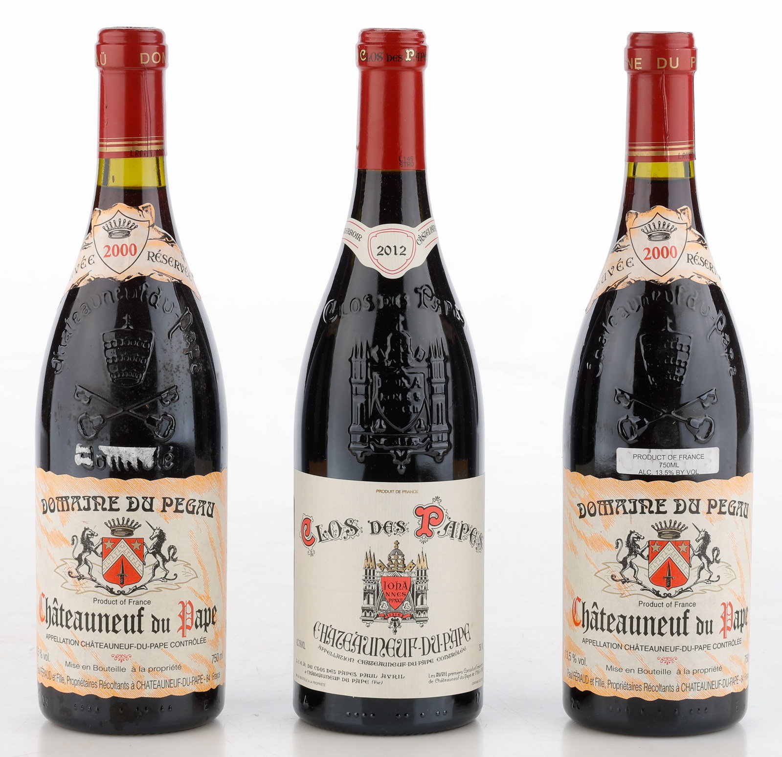 3 Bottles of Chateaneuf Du Pape, 2000 (2), 2012: 3 Bottles of Chateaneuf Du Pape, 1) 2 bottles of Domaine du Pegau "Cuvee Reservee" Chateauneuf-du-Pape, 2000; 2) 1 bottle of Clos des Papes Chateauneuf-du-Pape, 2012. 750 ml. From the Estate of Thomas