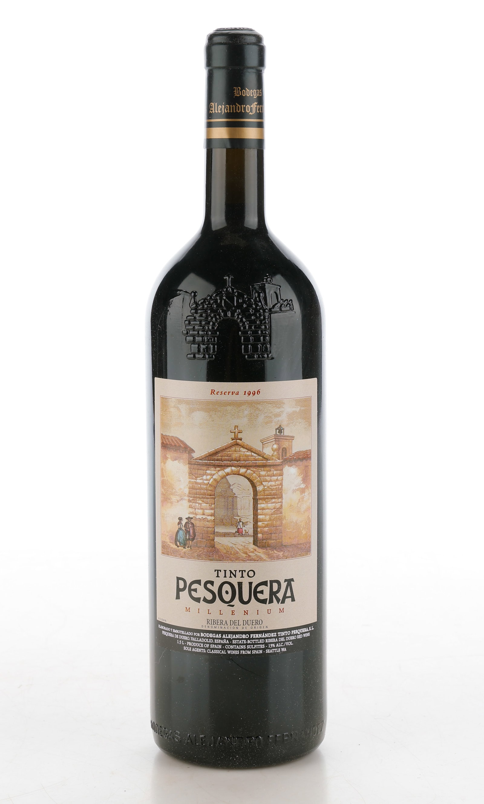1 Bottle of Tinto Pesquera Millenium Reserva, 1996: 1 Bottle of Tinto Pesquera Millenium Reserva, 1996, Spanish Ribera del Duero Red Wine, 1.5 L. In original wooden box. From the Estate of Thomas A. Moore, Philadelphia, PA. All wine and alcohol sales m