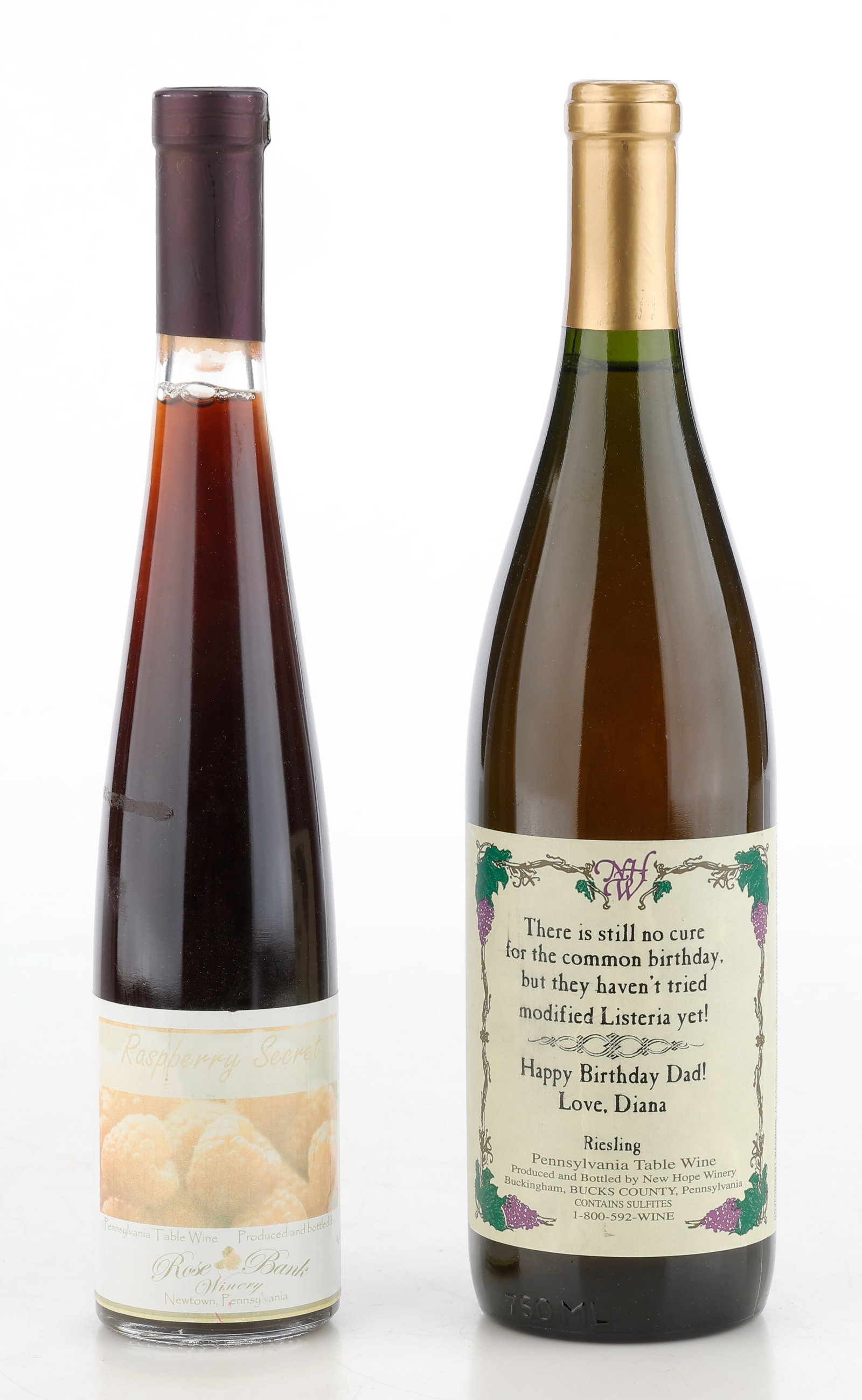 Group Of 2 Pennsylvania Table Wines: Group Of 2 Pennsylvania Table Wines, Including: 1) Rose Bank Winery Raspberry Secret, Unknown Year, dessert wine, 375 ml; 2) New Hope Winery Riesling, Unknown Year, white wine, 750 ml. From the Estate