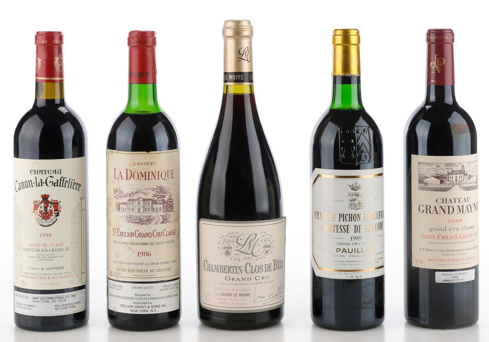Group Of 5 Assorted French Grand Cru Wines: Group Of 5 Assorted French Grand Cru Wines, Including: 1) Chateau La Dominique Saint-Emilion, 1986; 2) Chateau Pichon Longueville Comtesse de Lalande Pauillac, 1989; 3) Chateau Canon-La-Gaffeliere Sai