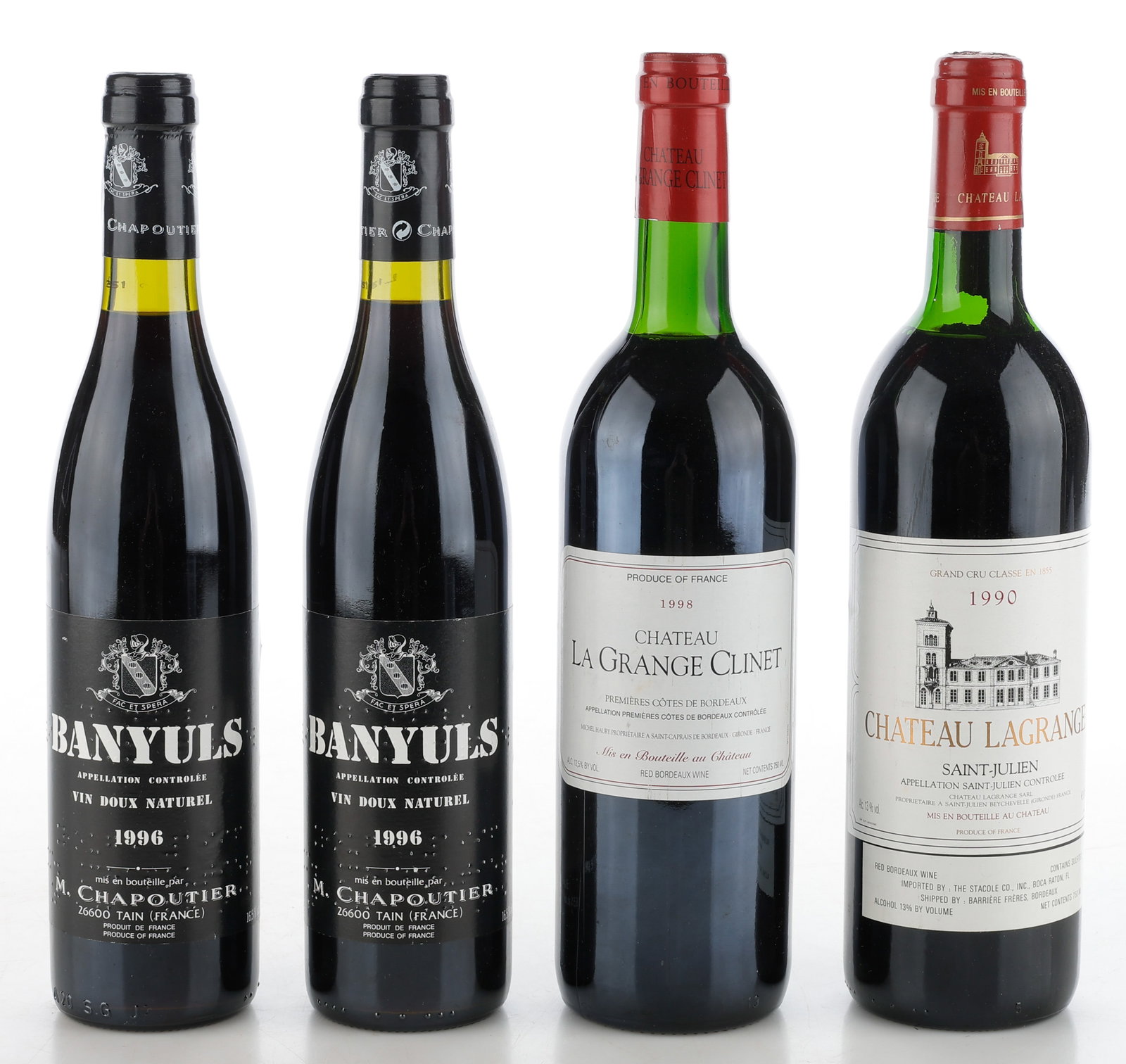 Group of 4 Assorted French Wines From The 1990's: Group of 4 Assorted French Wines From The 1990's, Including: 1) Chateau Lagrange Saint-Julien, 1990; 2/3) Banyuls Chapoutier Vin Doux Naturel, 1996; 4) Chateau La Grange Clinet Cotes De Bordeaux, 1998