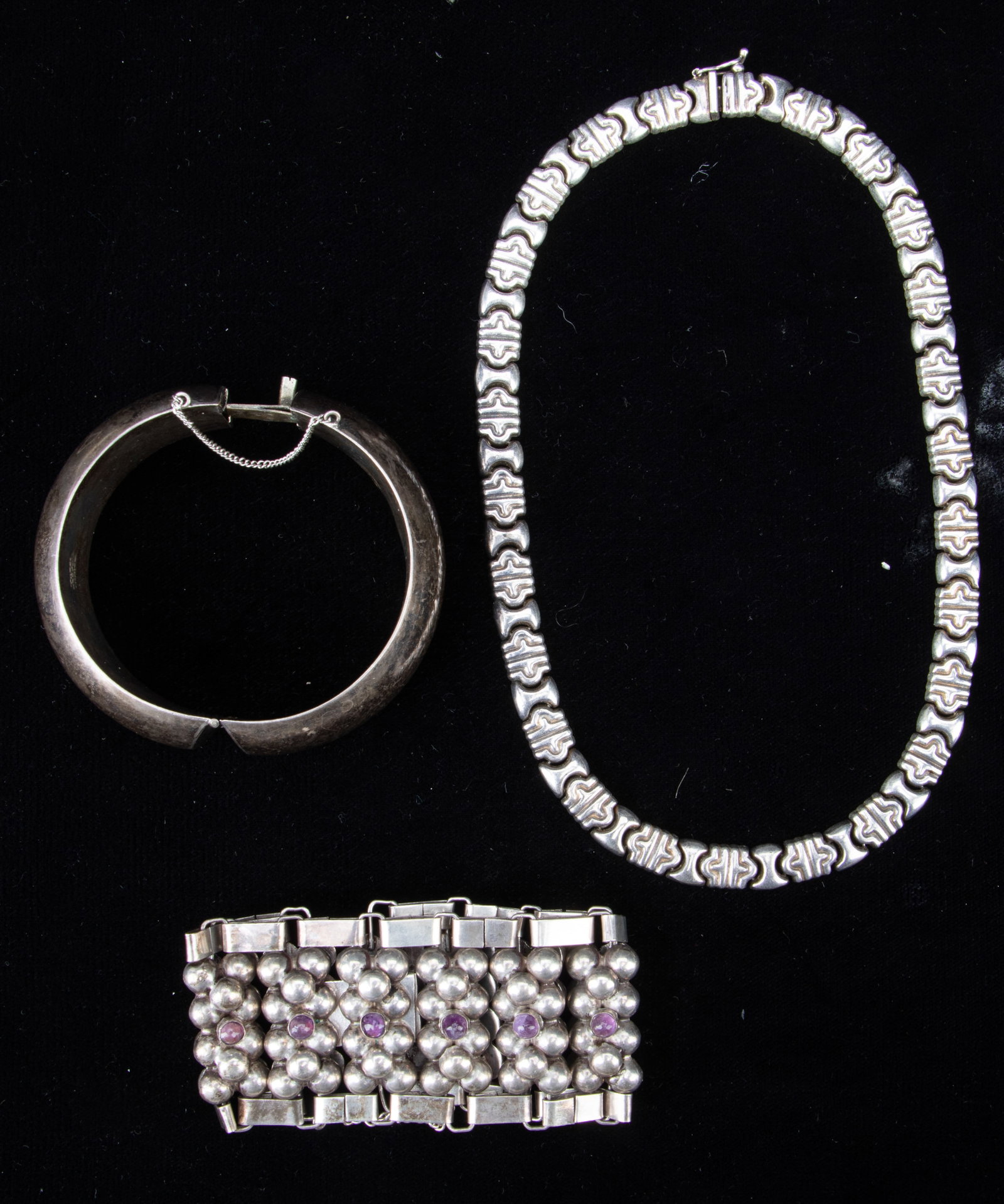 Sterling Silver Lot: Sterling Silver Lot. Including: Necklace, Length 16" (41 cm); marked Mexican .925; Silver Bracelet, Inner Diameter: 2.25" (6 cm); Marked Mexican silver and amethyst bracelet, Length 6.5" (17 cm). Tota