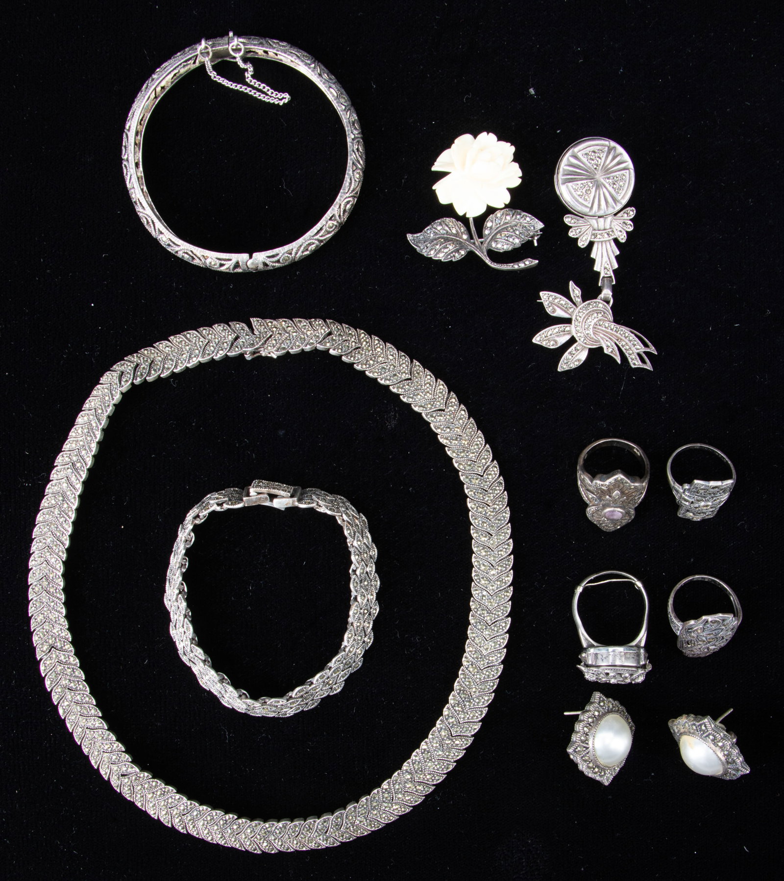 Collection of Antique Marcasite And Silver Jewelry: Collection of Antique Marcasite And Silver Jewelry. Including: a Necklace, Length 16" (41 cm); Bracelet, Length 6.5" (17 cm), rings, earrings and bracelet.