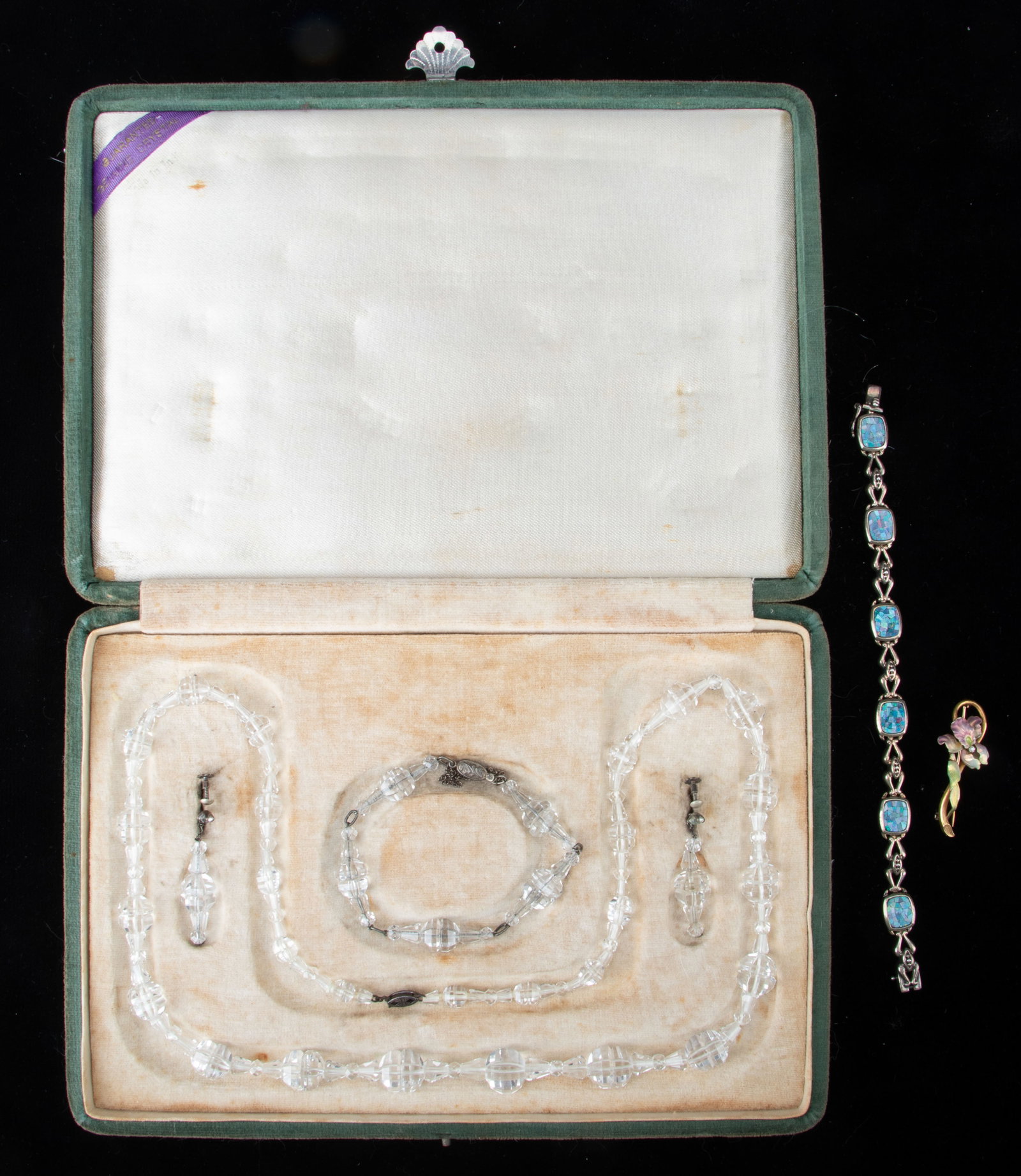 Antique Crystal Jewelry Set, Mosaic Opal Silver Bracelet And Gold Enamel and Diamond Iris Brooch: Antique Boxed Set of Crystal Necklace, Bracelet And Earrings. Provenance: Miriam Birdseye (1878-1948) by descent through the family. Necklace with clasp marked: sterling. Length: 27" (69 cm). Together
