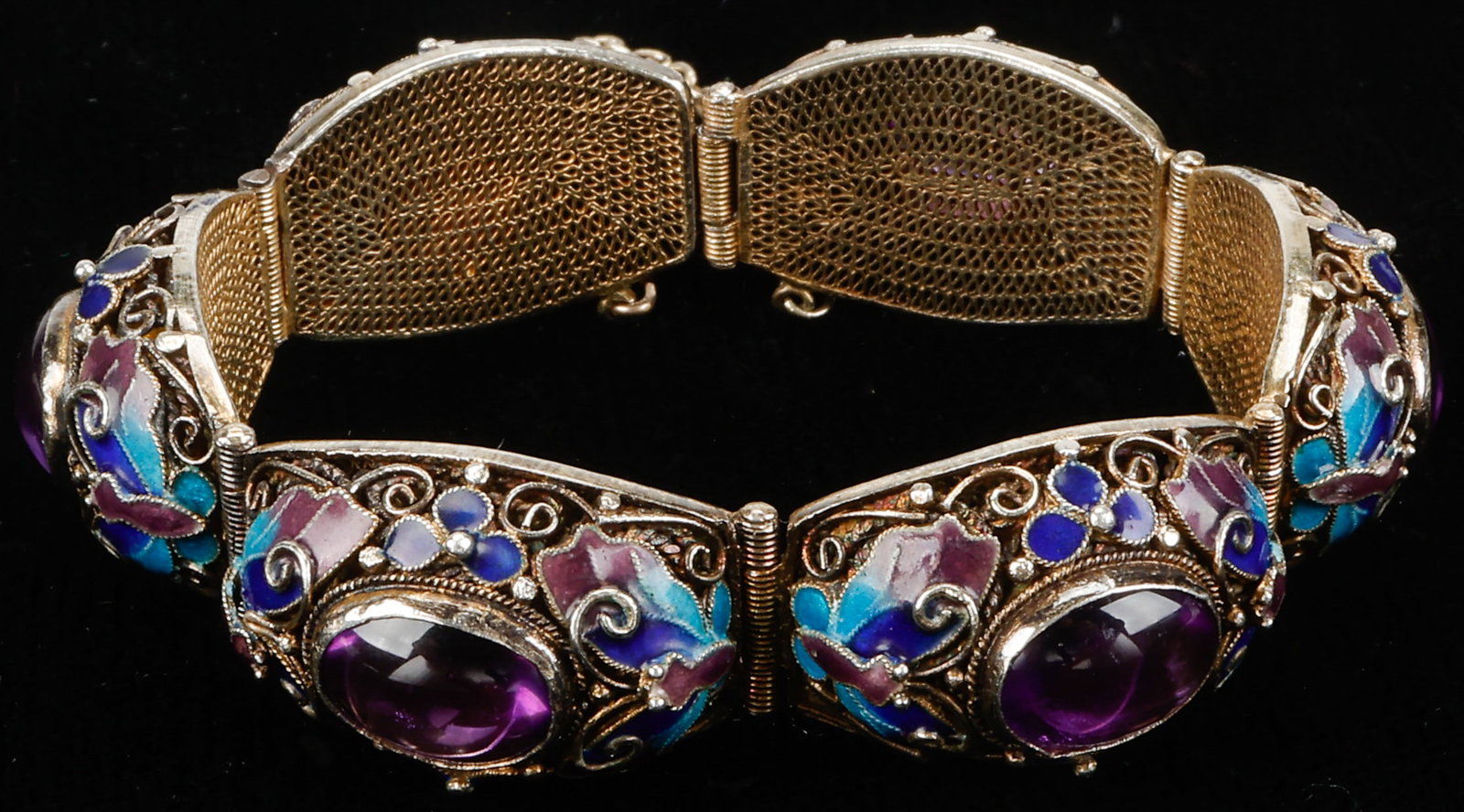 Chinese Export Gilt Silver Enameled Bracelet with Amethyst; W: 34g (1 of 3)