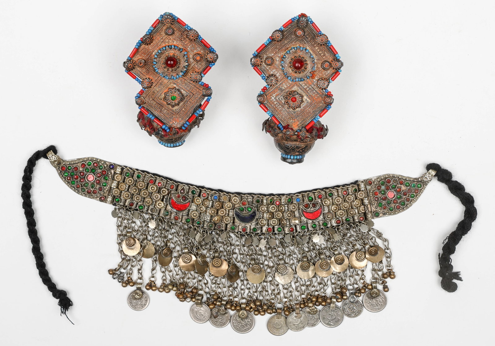 Pair of Katawaz Ear Ornaments and A Kurch Area Choker, 19th C.: Pair of Katawaz Ear Ornaments and Kurch Area Choker, Afghan/Pakistan Border and Gujarat, India, 19th C. This lot feautres a pair of Katawaz gilded gold plate over silver and glass trade bead ear ornam