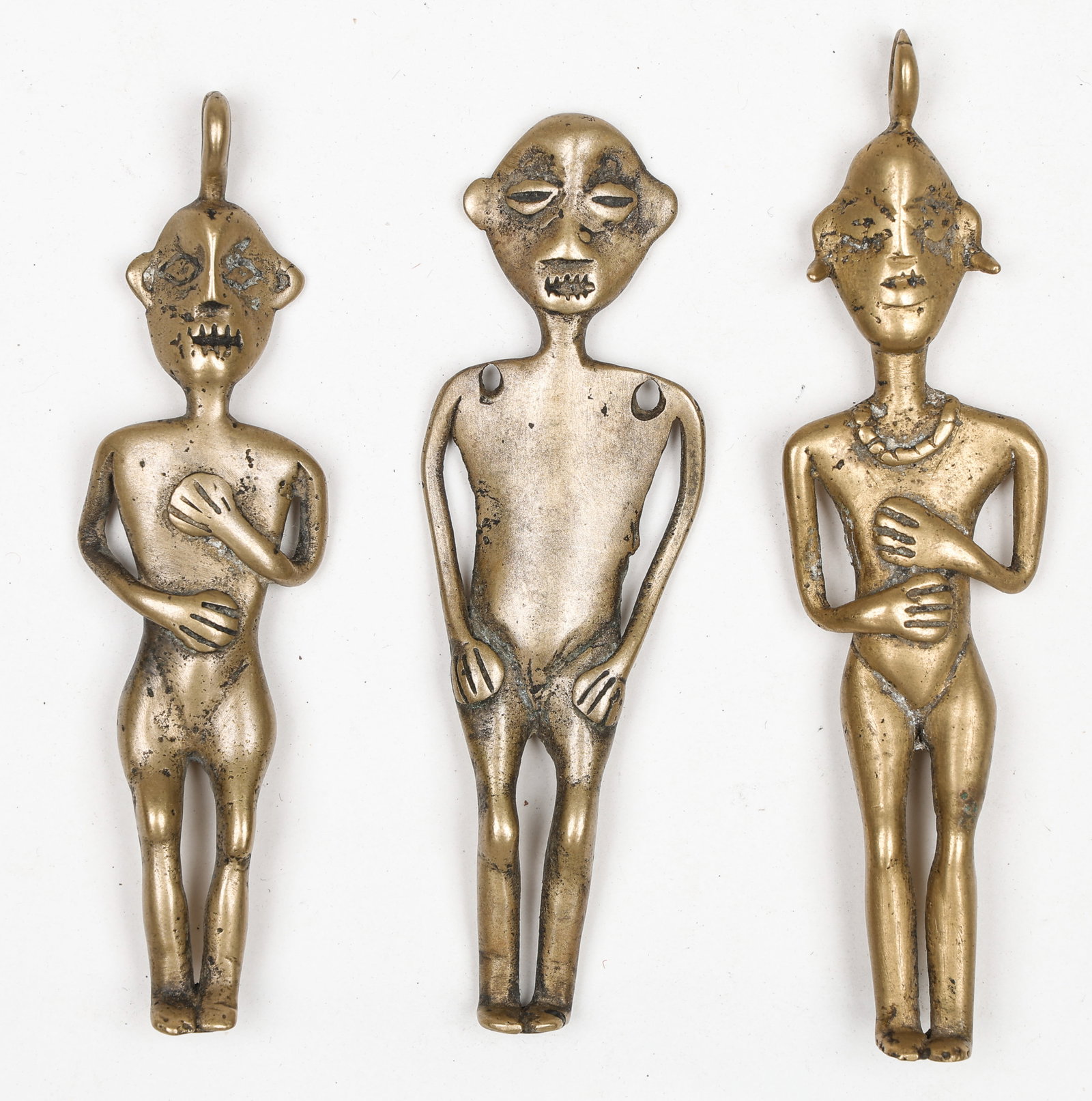 3 Figurative Naga Brass Trophy Pendants, Burma (1 of 3)