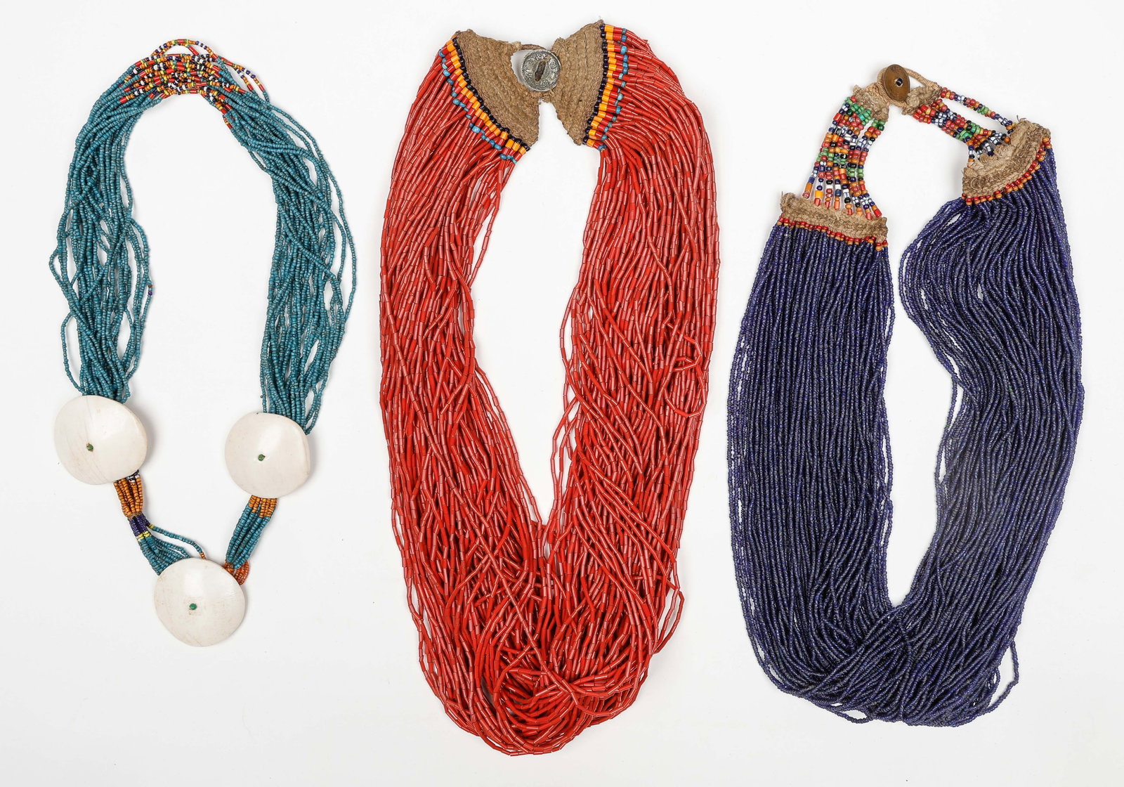 3 Konyak Trade Bead Necklaces, Nagaland/NE India: 3 Konyak Trade Bead Necklaces, Nagaland/NE India. This lot includes three large Konyak Naga multistrand old glass trade bead necklaces of cobalt, red, and turquoise beads. The turquoise color is of hi
