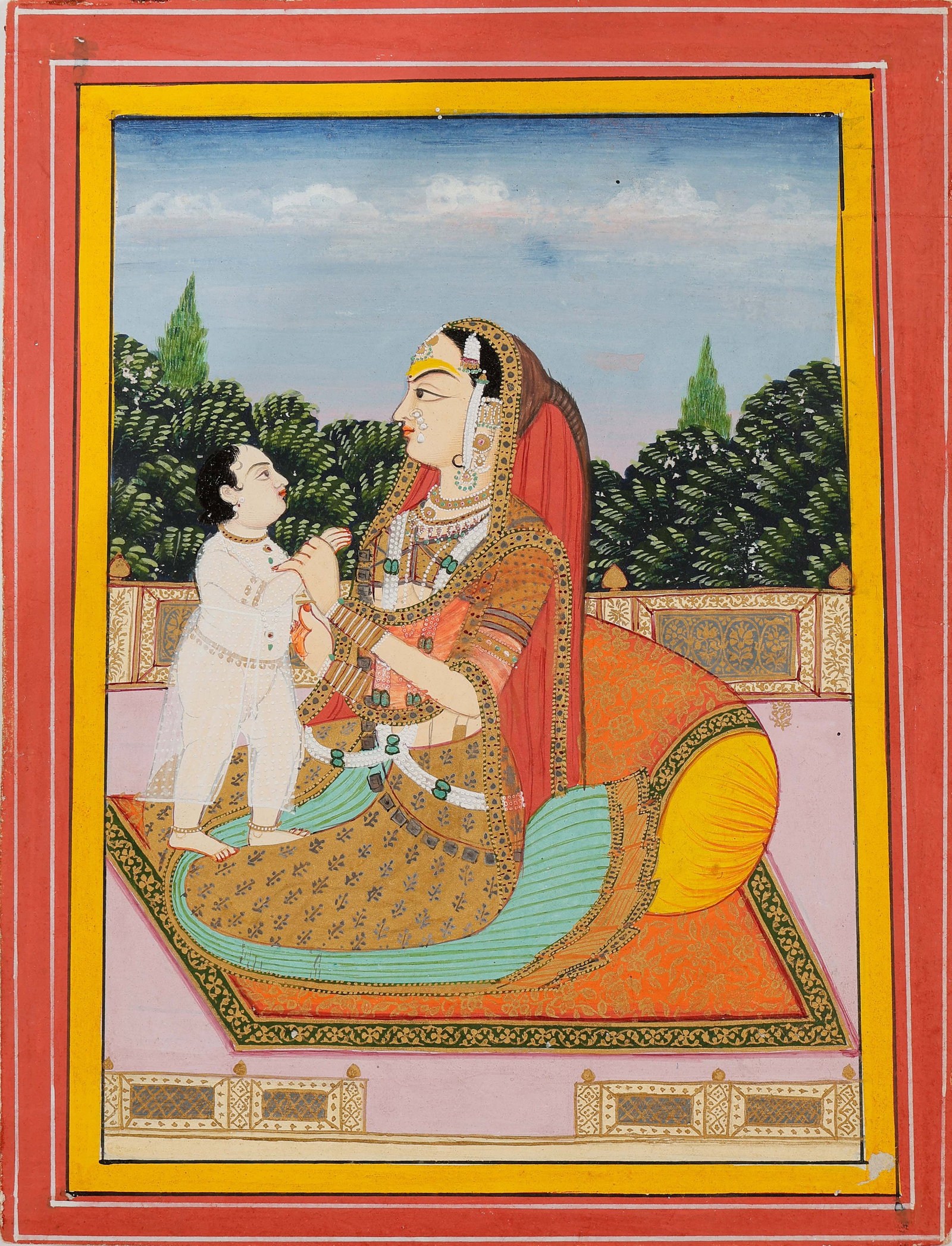 Indian Rajput School Miniature Painting Of Noblewoman And Child, Late 19th-Early 20th C. (1 of 4)