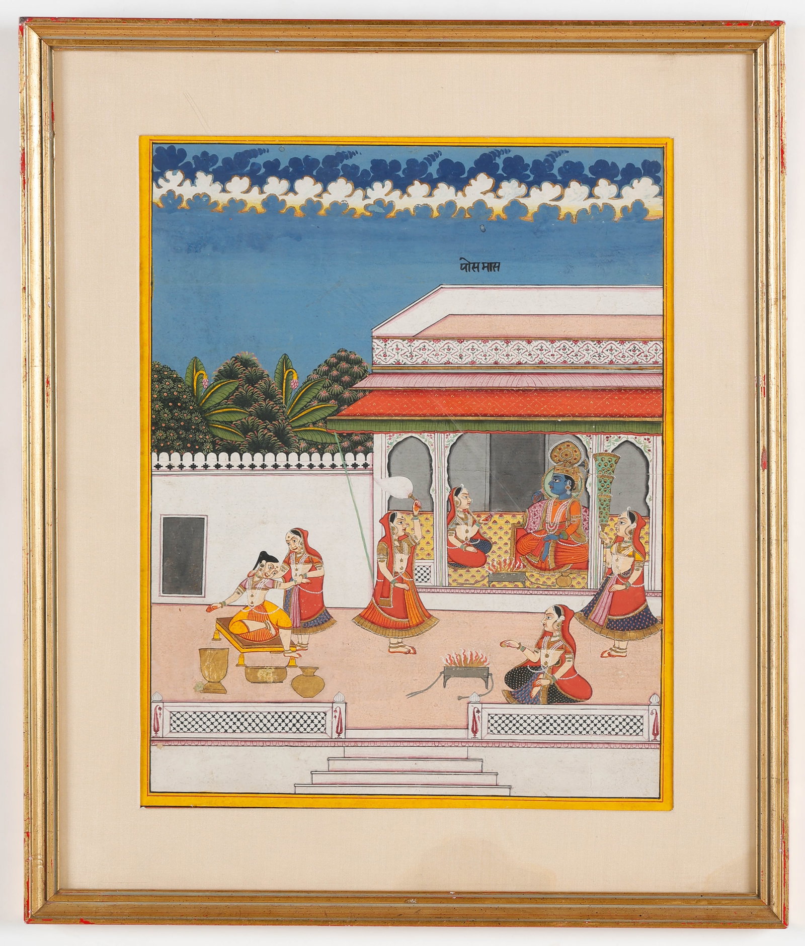 Indian Miniature Painting From A Rajput Barahmasa (12 Months) Series, Early-Mid 19th C.: Indian Miniature Painting From A Rajput Barahmasa Series, Early-Mid 19th C. Opaque watercolor on paper. Depicting Krishna seated in a palace attended by women while female attendants warm themselves b