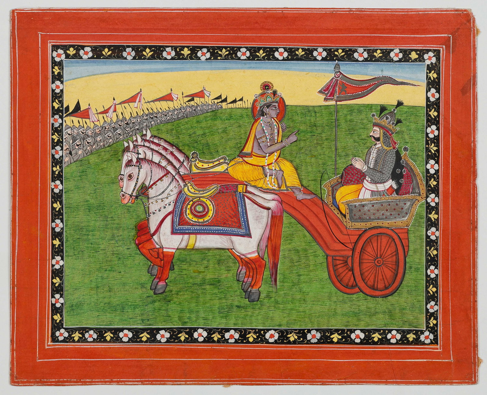 Indian Rajput Miniature Painting Of Krishna Serving As Arjuna's Charioteer, Late 19th C.: Indian Miniature Painting Of Krishna Serving As Arjuna's Charioteer on the battlefield of Kuruk?etra, from the Mahabharata. Depicting the moment when Arjuna hesitates to fight his relatives and teache