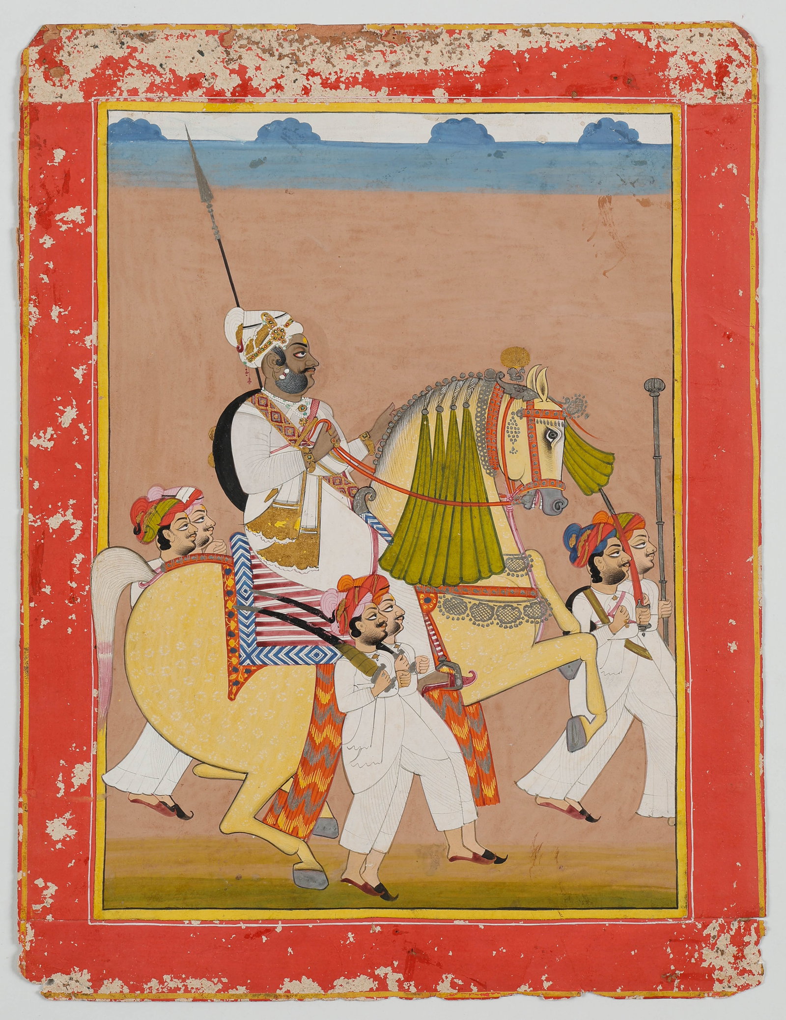 Indian Rajput Miniature Painting Of Nobleman On Horseback With Attendants, Early-Mid 19th (1 of 4)