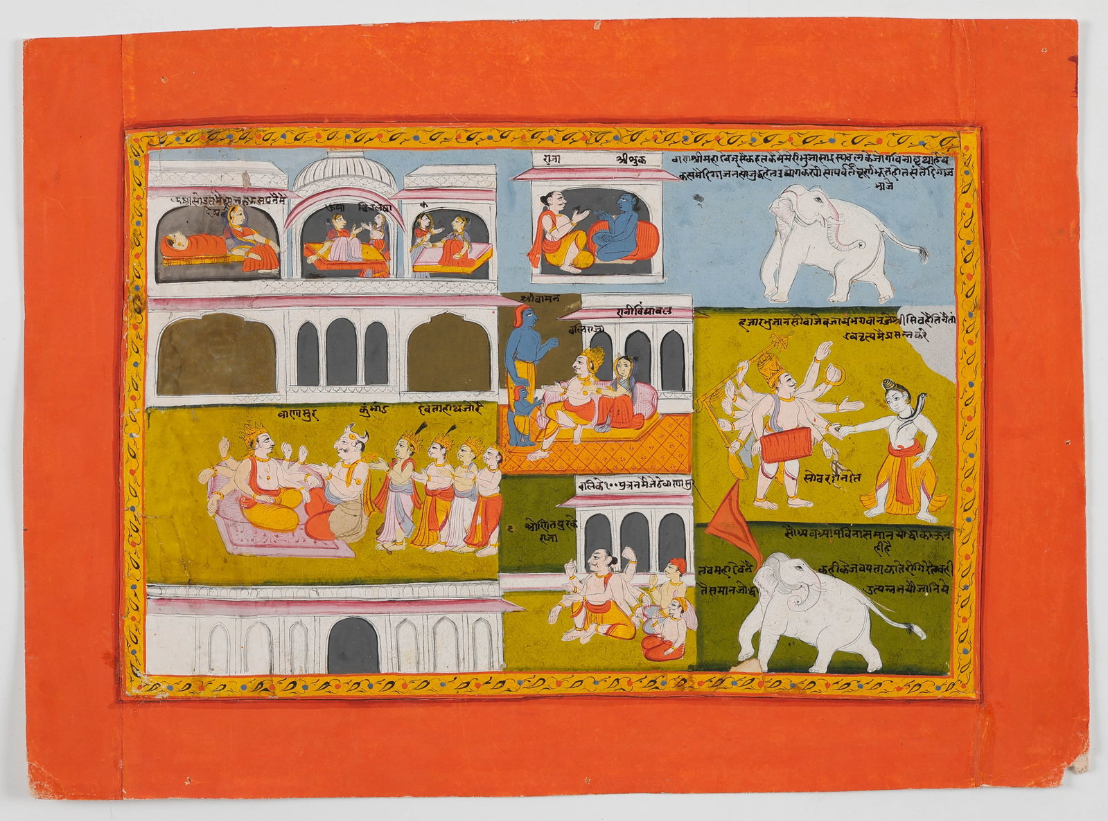 Indian Miniature Krishna Narrative Manuscript Painting, Jaipur School, Circa 1780–1820: Indian Miniature Krishna Narrative Manuscript Painting, Jaipur School, Circa 1780–1820, opaque watercolor on paper. Depicts numerous episodes from the life of Krishna arranged in multiple registers.