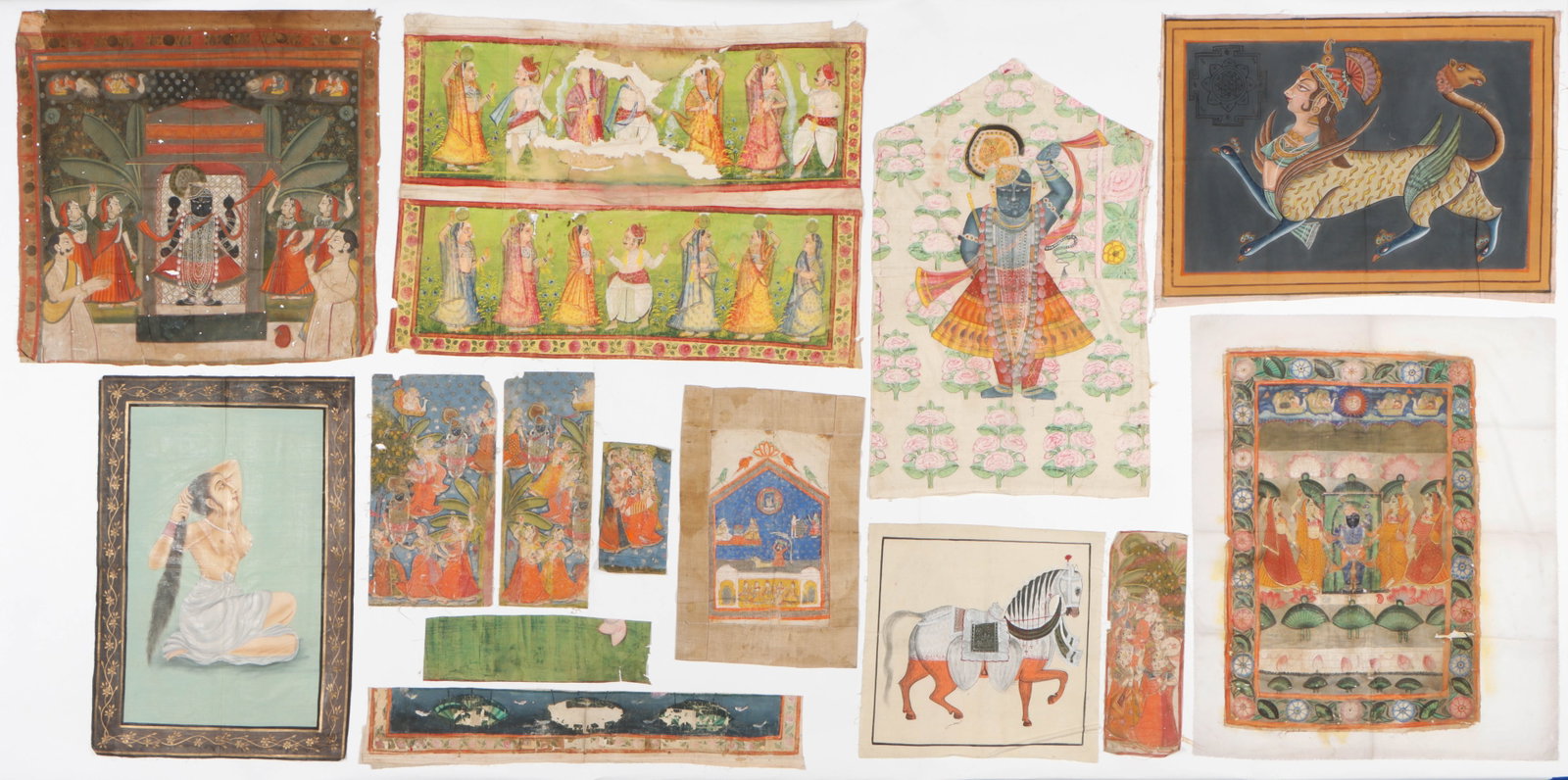 Group Of 14 Indian Paintings/Fragments On Cloth. (1 of 5)