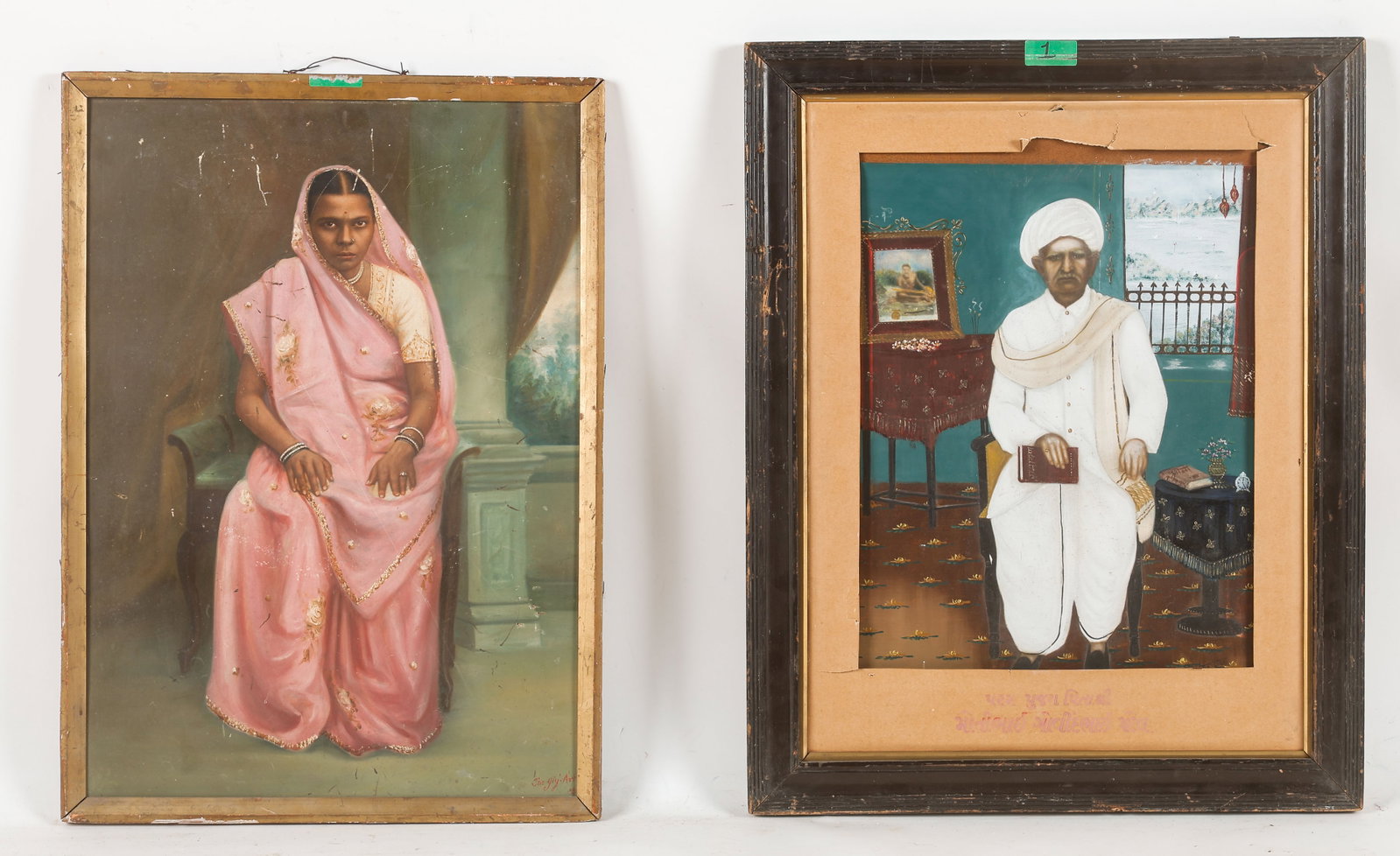 Two Indian Portrait Paintings, Gujarat School, Circa 1900: Two Indian Portrait Paintings, Gujarat School, Circa 1900. Mixed media paintings, illegibly signed. Each Framed. Sizes: 1) 26'' x 18.25'', 66 x 46 cm (sight); 28'' x 20'', 71 x 51 cm (frame); 2) 19.5'