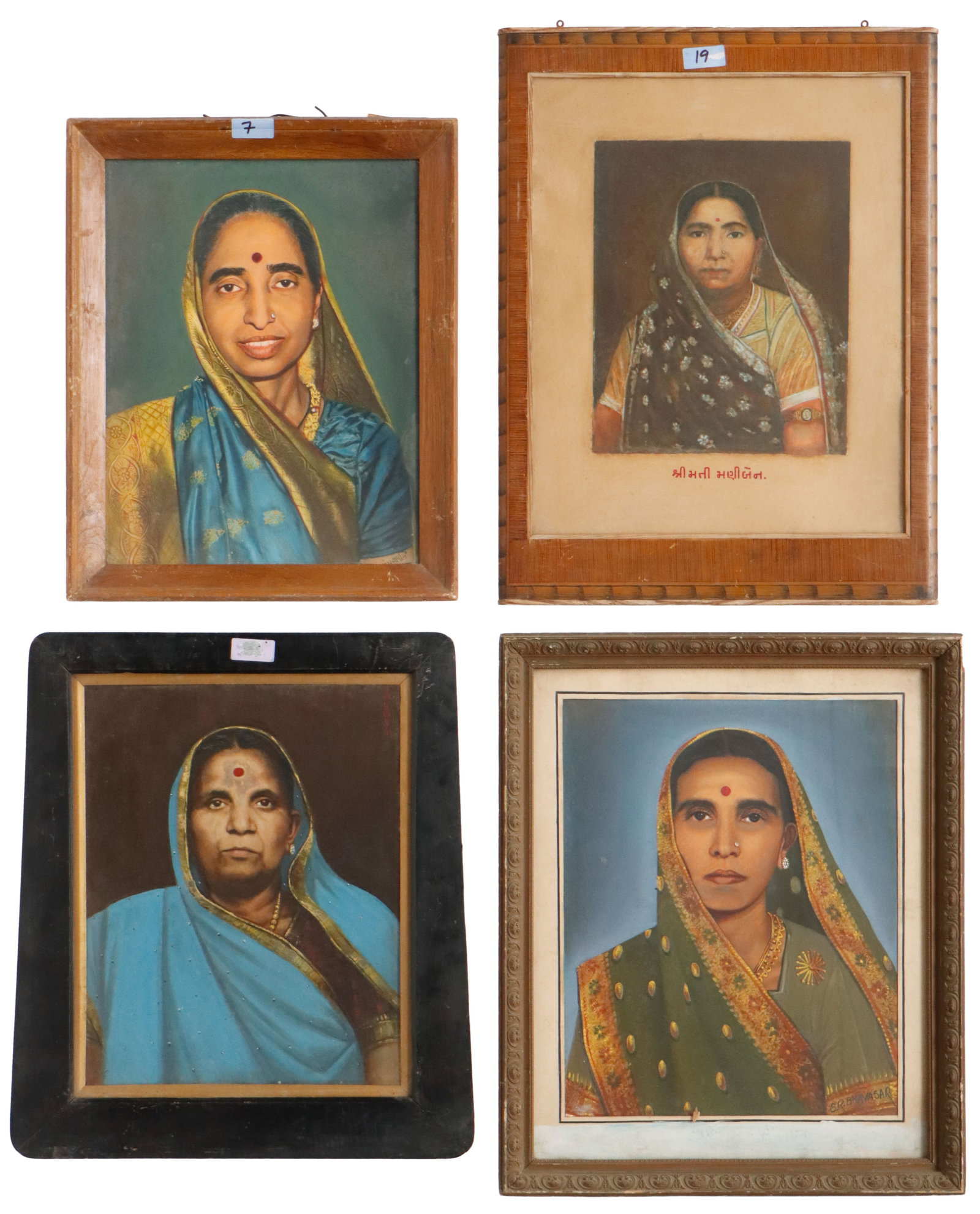 Group Of 4 Indian Portraits Of Gujrati Women, Mid 20th C.: Group Of 4 Indian Portraits Of Gujrati Women, Mid 20th C. Mixed media, opaque watercolor and/or overpainted photographic process on paper or board, each signed. Each Framed. Sizes From: 19'' x 14.5'',