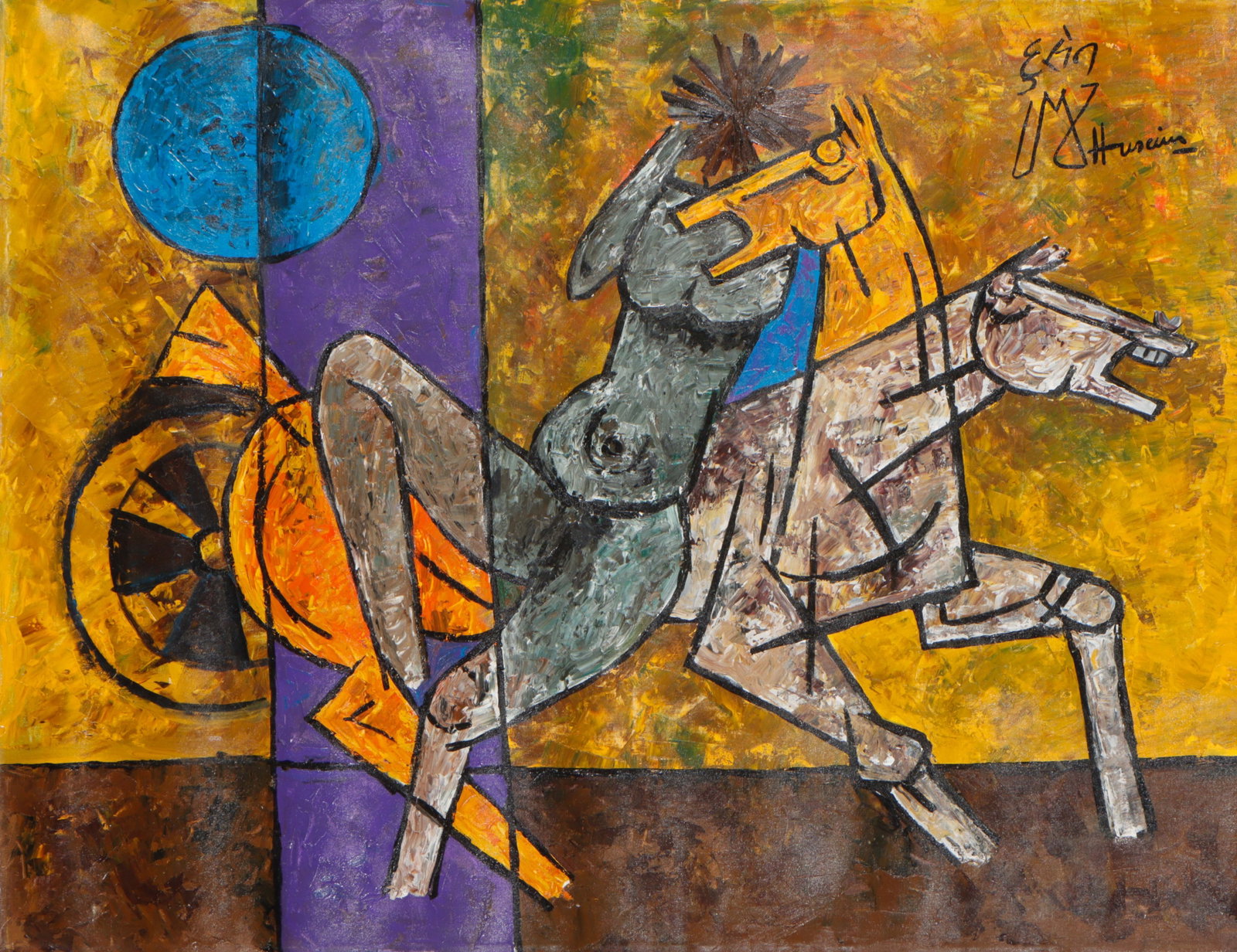 Maqbool Fida Husain (Indian, 1915-2011) Oil Painting, 41" x 54": Maqbool Fida Husain (Indian, 1915-2011) Untitled, oil painting on unstretched canvas, signed. Unframed. Size: 41'' x 54'' (104 x 137 cm).