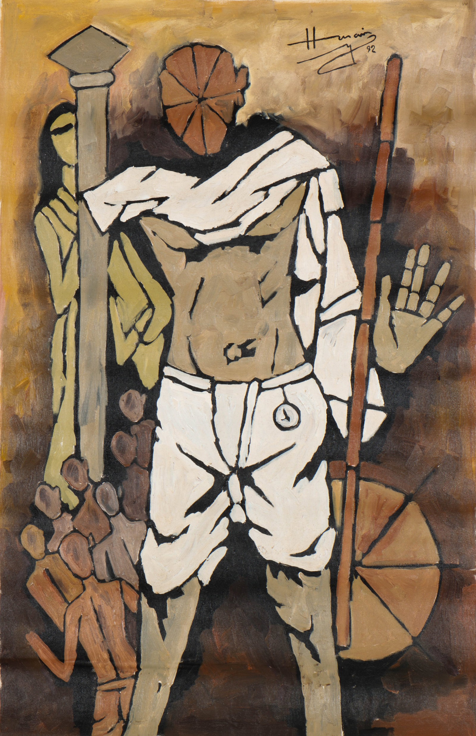 Maqbool Fida Husain (Indian, 1915-2011) Oil Painting, 54" x 35": Maqbool Fida Husain (Indian, 1915-2011) Untitled, 1992, oil painting on unstretched canvas, signed and dated. Unframed. Size: 54'' x 35'' x '' (137 x 89 x cm).