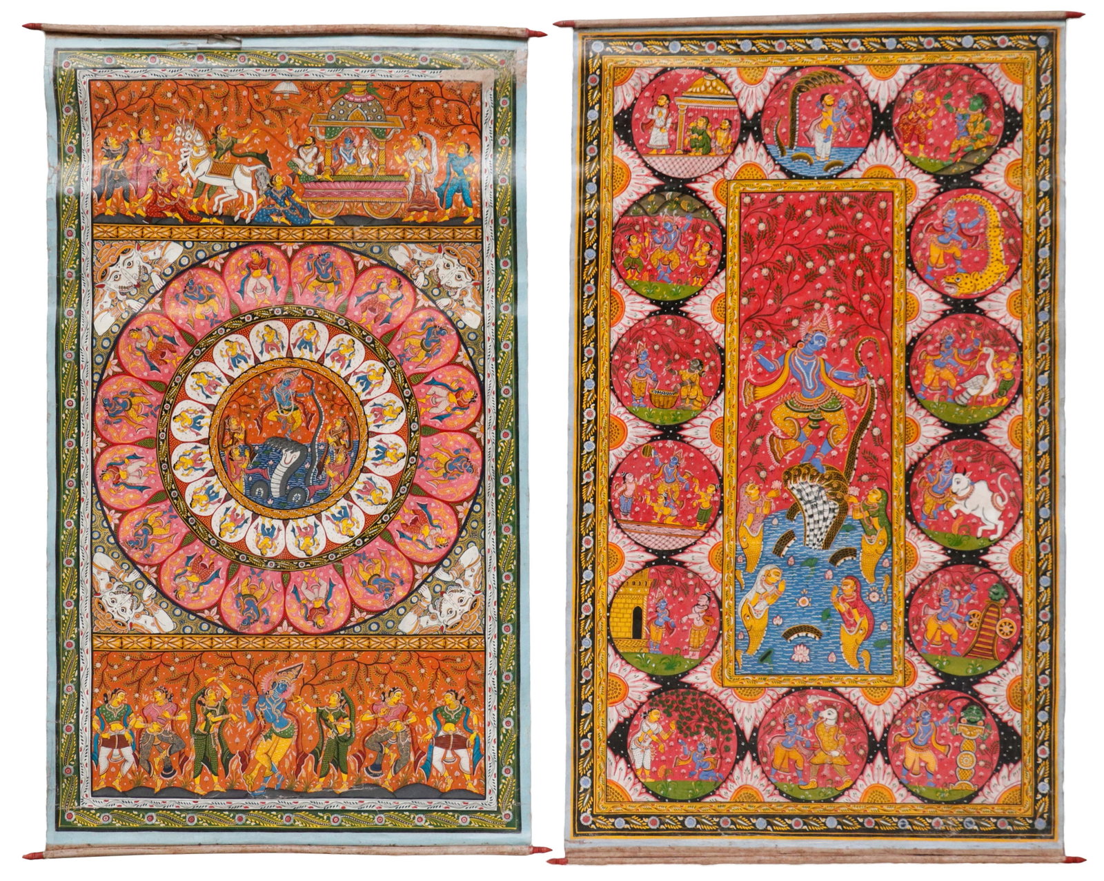 2 Indian Large Devotional Temple Hangings, Rajasthan/Gujarat, Late 20th C. 61" x 36": 2 Indian Temple or Haveli Devotional Paintings Hangings, Rajasthan, Late 20th C. In pichwai/pata-inspired style. Oil on cloth. Sizes: 1) 61'' x 35.75'', 155 x 91 cm (scroll); 2) 62'' x 36'', 157 x 91 