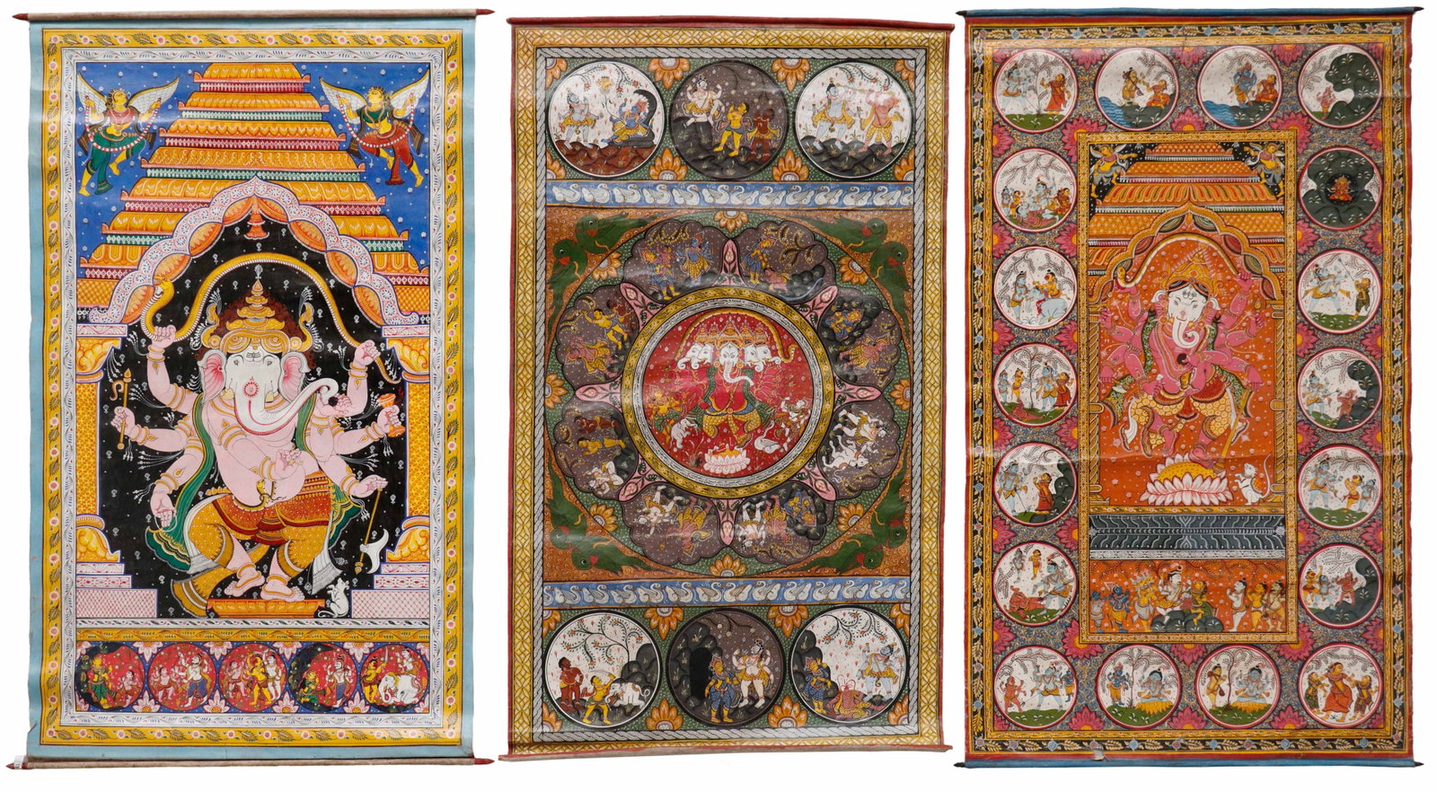 3 Indian Large Devotional Temple Hangings, Rajasthan/Gujarat, Late 20th C. 60" x 36": Group Of 3 Indian Pichwai-Style Devotional Paintings On Scrolls, Rajasthan, Late 20th C. In pichwai/pata-inspired style. Oil on cloth. Sizes From: 60.5'' x 35.5'', 154 x 90 cm (scroll); To: 61'' x 36'