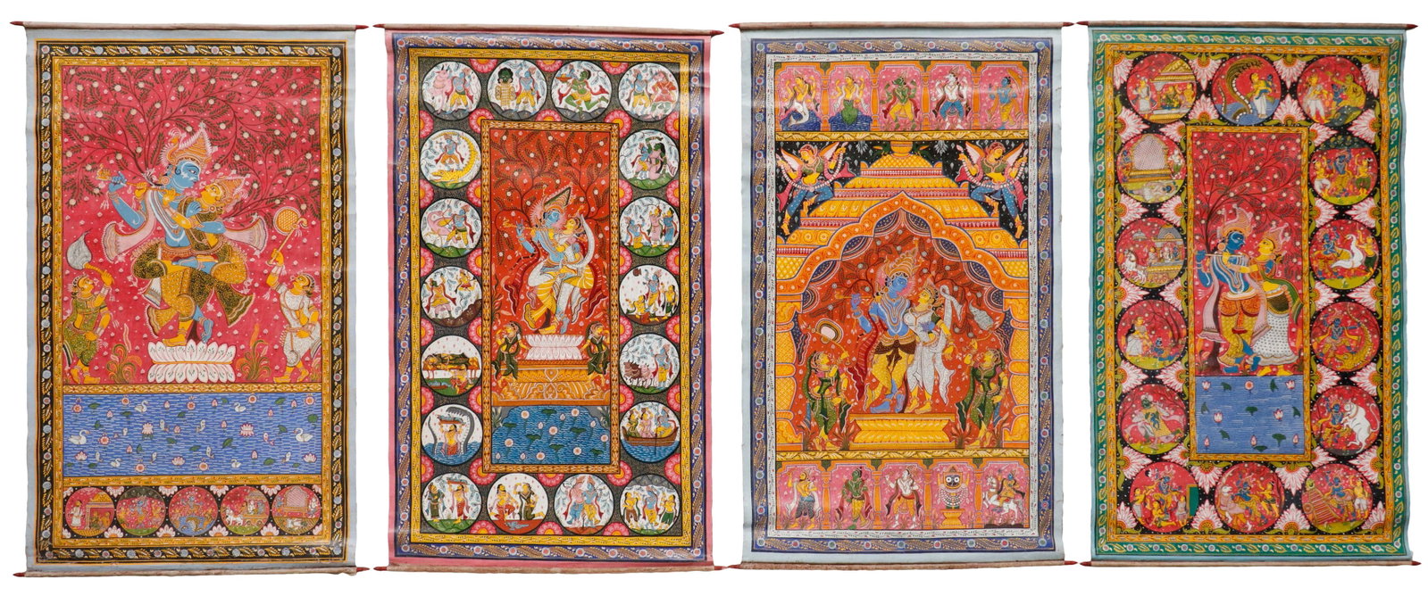 4 Indian Large Devotional Temple Hangings, Rajasthan/Gujarat, Late 20th C. 61" x 36": 4 Indian Large Devotional Temple Hangings, Rajasthan/Gujarat, 20th C. In pichwai/pata-inspired style. Oil on cloth. Sizes From: 60.5'' x 35.75'', 154 x 91 cm (scroll); To: 61'' x 36'', 155 x 91 cm (sc