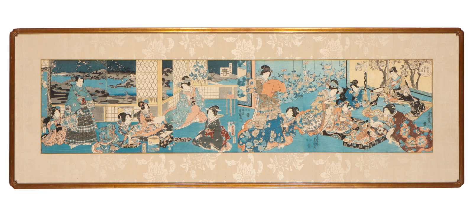 Antique Utagawa Japanese Woodblock Print: Antique Utagawa Serial Japanese Woodblock Print. Framed. Size: 13" x 56", 33 x 142 cm (image); 23" x 65", 58 x 165 cm (frame).