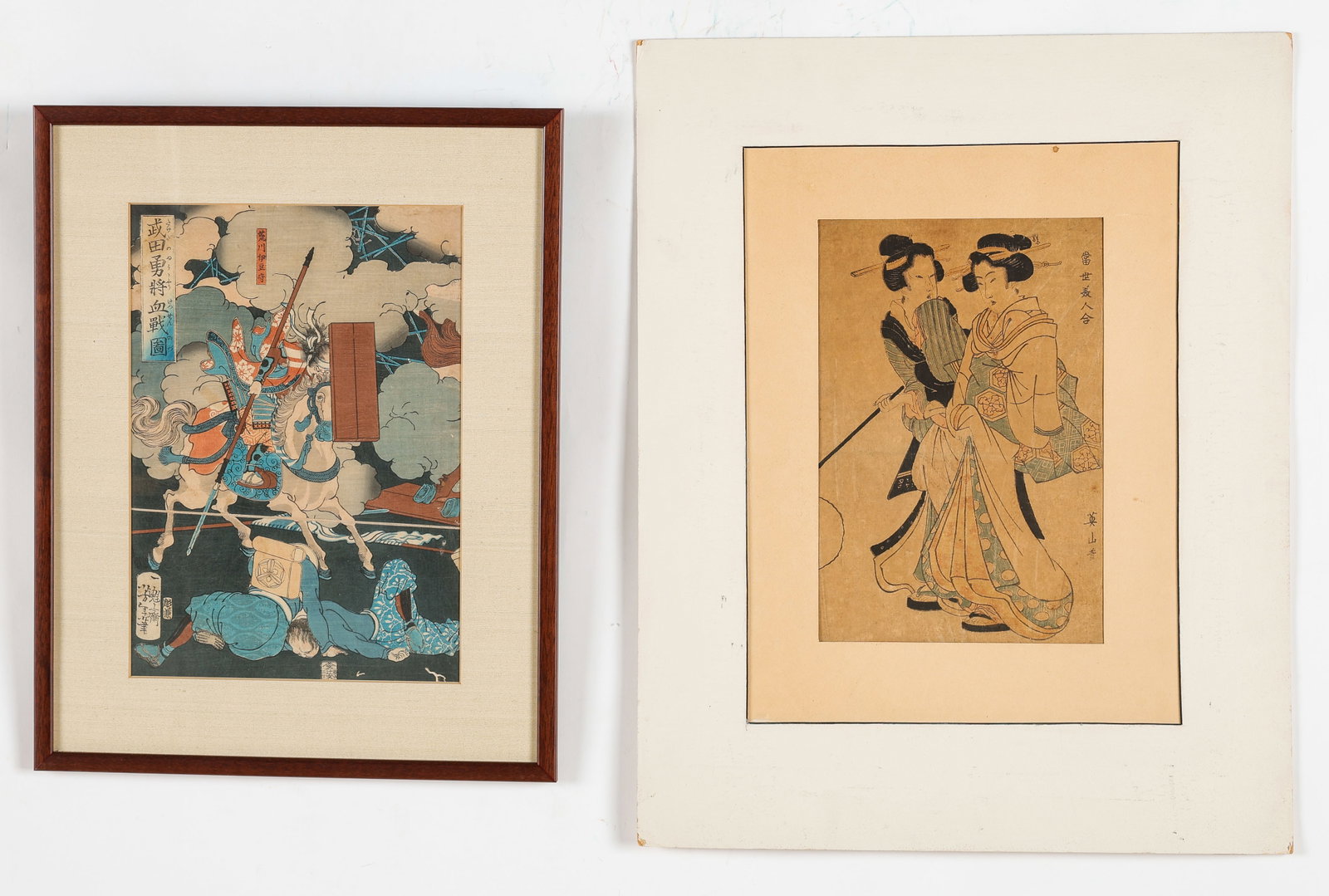 Group Of 2 Japanese Woodblock Prints: Group Of 2 Japanese Woodblock Prints. One framed, one on mat. Sizes: 1) 13.25'' x 9.25'', 34 x 23 cm (image); 18.75'' x 14.75'', 48 x 37 cm (frame); 2) 11.75'' x 7.75'', 30 x 20 cm (image); 22.5'' x 1