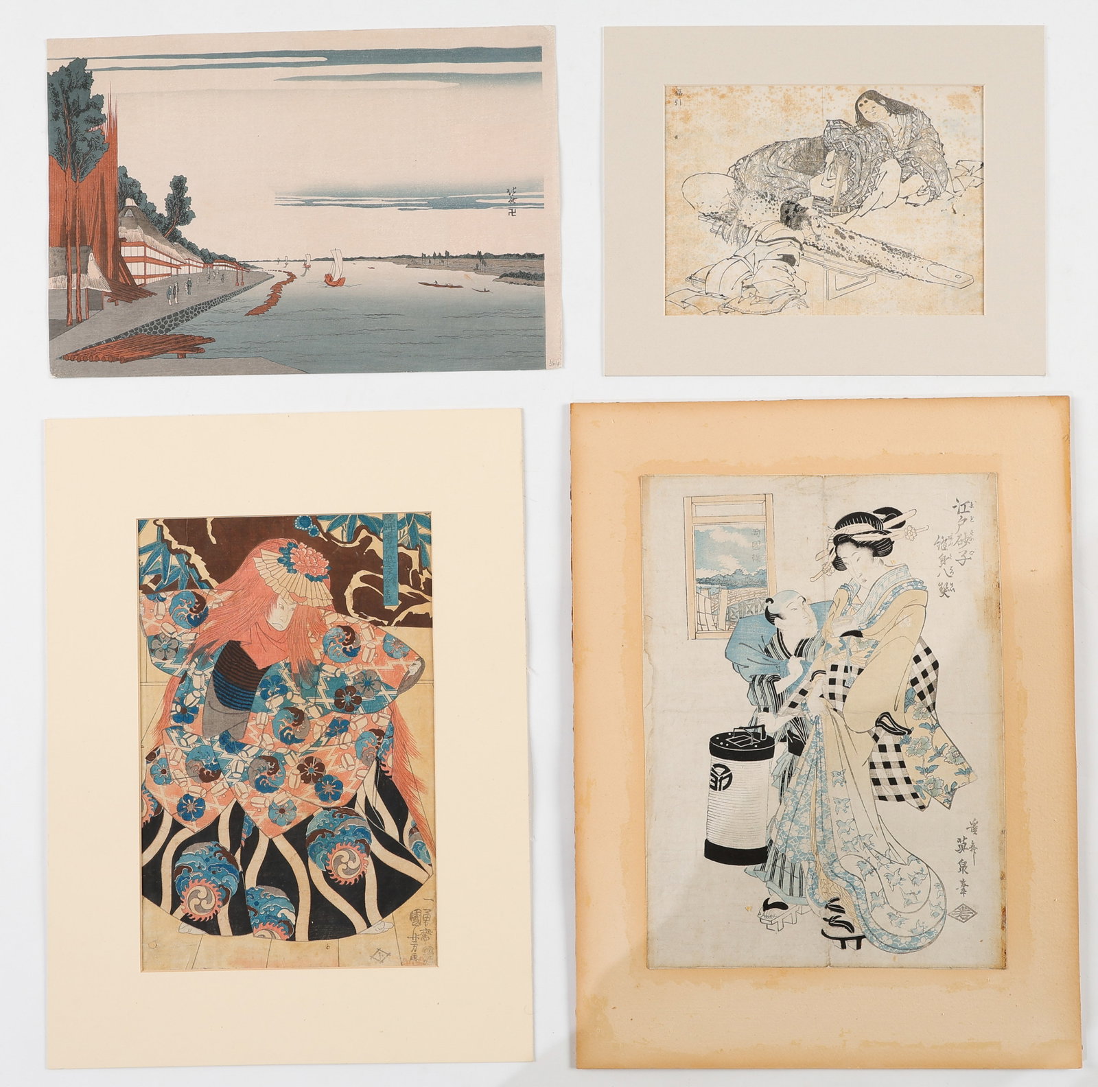 4 Antique Japanese Woodblock Prints: 4 Antique Japanese Ukiyo-e Woodblock Prints. 1) Print of a courtesan by Kikukawa Eizan (Japanese, 1787-1867), late 18th or early 19th century. Mounted on mat board. Gallery label affixed verso identif