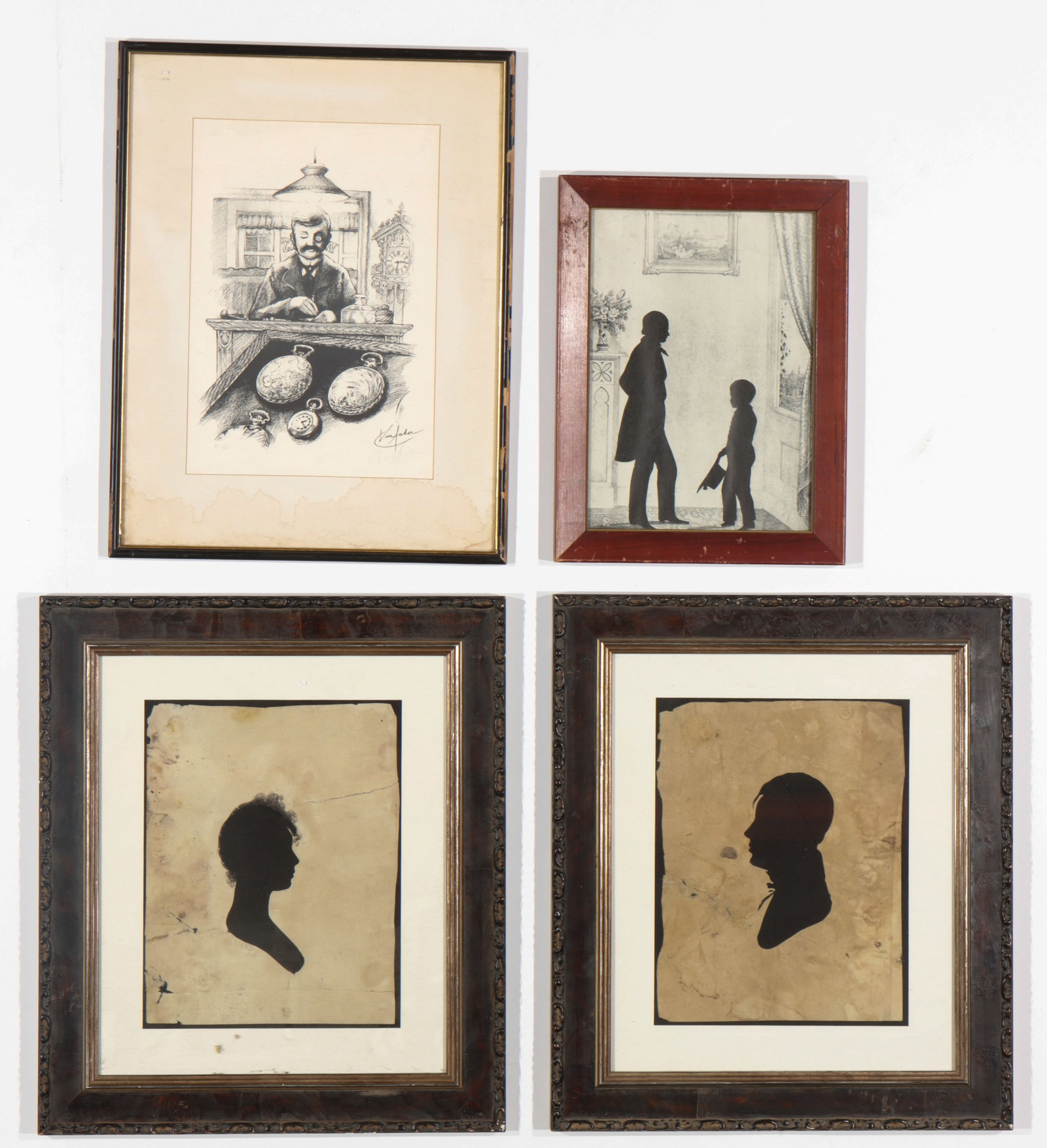 A Group Of 3 Framed Silhouettes And Framed Lithograph (1 of 7)