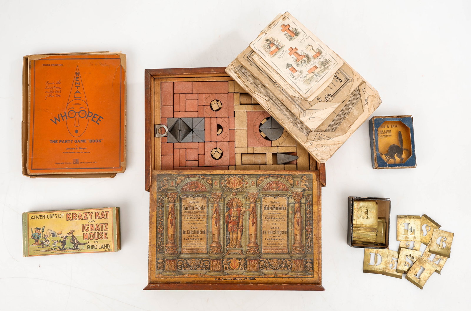 Collector's Lot Antique of Toys, Books And More: Collector's Lot Antique of Toys, Books And More. Including: Richter’s Anchor Blocks (Anker-Steinbaukasten), C.1900, antique building blocks early STEM-oriented toy; Group of cut brass stencils; Ment