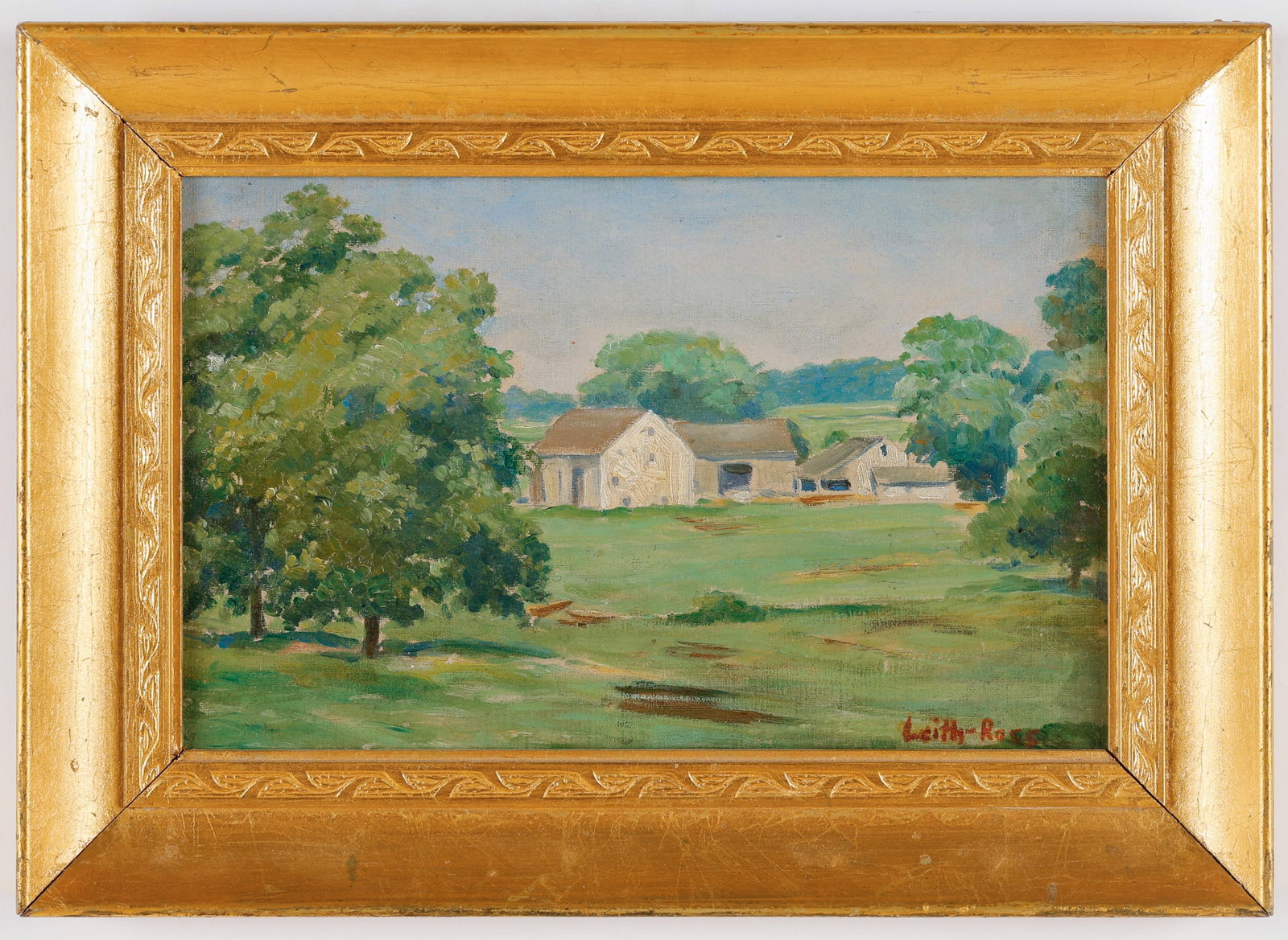 Harry Leith-Ross (American, 1886-1973) Bucks County Farm: Harry Leith-Ross (American, 1886-1973) Bucks County Farm, oil painting on canvas board, signed. Framed. Size: 7.5'' x 12'', 19 x 30 cm (board); 11'' x 15.5'', 28 x 39 cm (frame).
