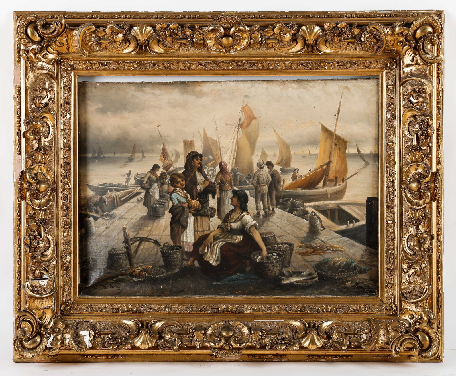 Louis Gartner (Dutch, b. 19th C.) Painting: Louis Gartner (Dutch, b. 19th C.) Untitled (Fisher Folk), oil painting on canvas, signed. Framed. Size: 29'' x 39.5'', 74 x 100 cm (stretcher); 45'' x 55'', 114 x 140 cm (frame).